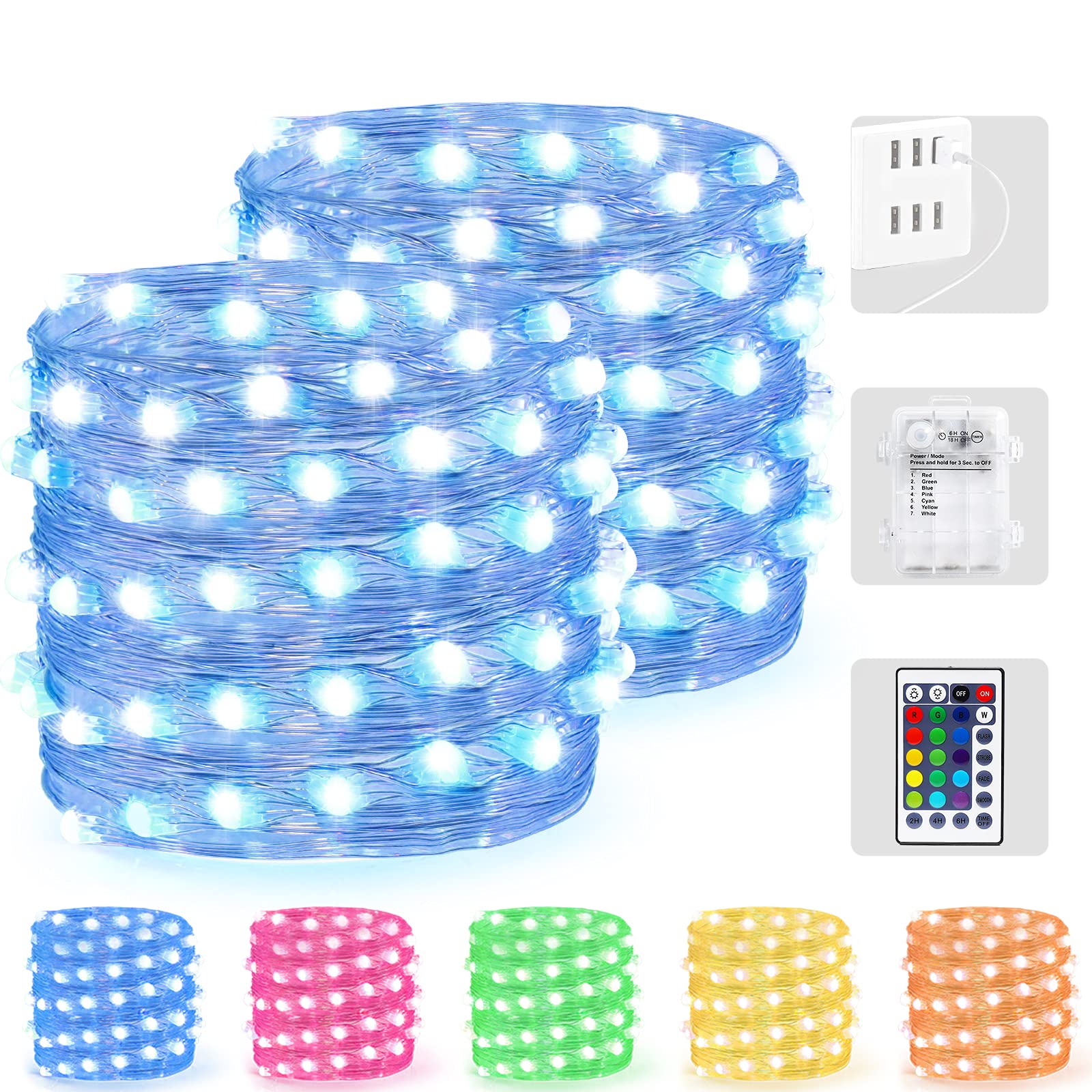 16 Colors Fairy Lights - 2 Pack 16.4ft 50 LED String Lights with Remote Control, Battery & USB Powered, Timer Function - Perfect for Christmas Decor, Bedroom, Party, Patio, Wedding, Garden & DIY Home Decoration
