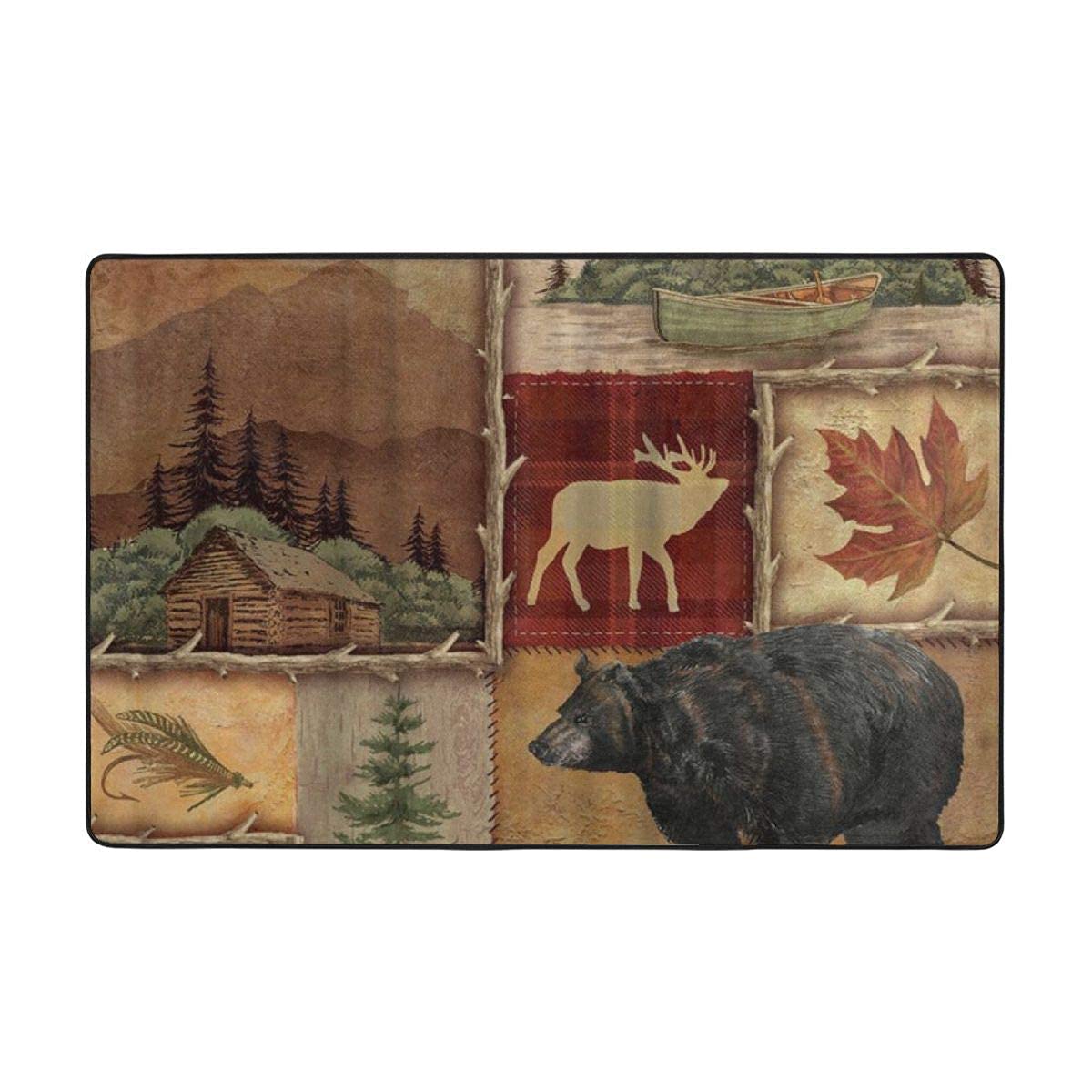 Bear Moose Deer Pattern Area Rug - Retro Rustic Lodge Soft Washable Carpet with Non-Slip Backing - 5x7 Feet - Perfect for Living Room, Bedroom, Kitchen, Dining Room & Home Office - Cozy Cabin Decor & Hunting Lodge Style Floor Covering
