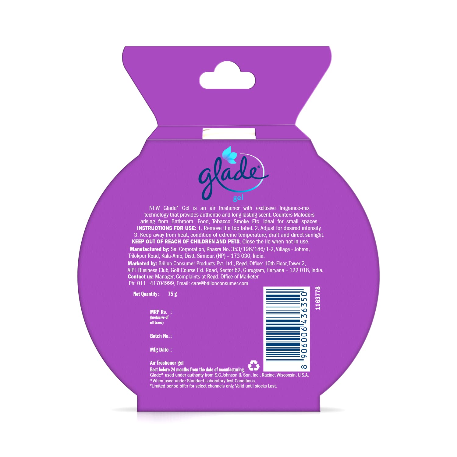 Glade Wild Lavender Gel Air Freshener - 75g (2.65oz) | Long-Lasting Fragrance for Home, Office, Bathroom & Car | Eliminates Odors Naturally