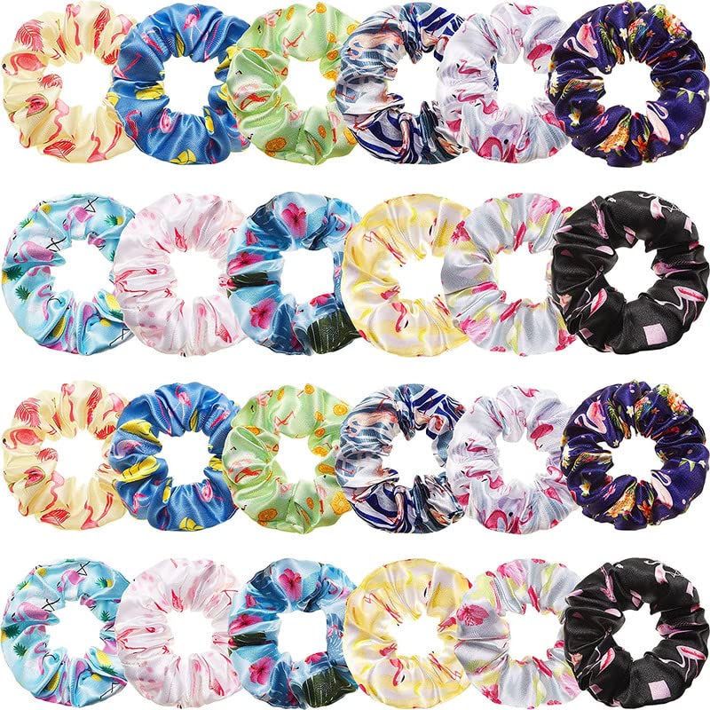 12 Pack Tropical Flamingo & Pineapple Hair Scrunchies - Hawaii Summer Hair Ties for Women & Girls - Soft Elastic Hair Bands for Beach, Vacation, Pool Party & Everyday Use