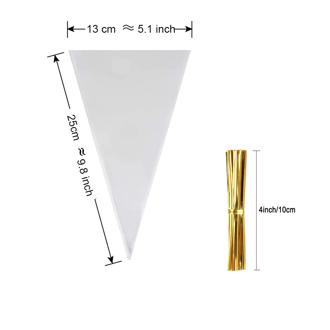 200Pcs Clear Mini Cone Treat Bags 5.1x9.8 Inch - Triangle Cellophane Popcorn Bags with Twist Ties for Cookies, Candy, Wedding Favors | Perfect for Party Favors, Gift Packaging & Bulk Snack Storage