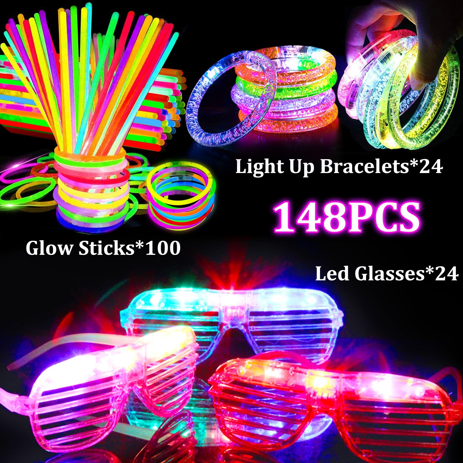 TURNMEON 148-Piece Glow in the Dark Party Kit - 24 LED Glasses, 24 Flashing Bracelets & 100 Glow Sticks Bulk - Perfect for Kids & Adults Birthday, Wedding, Carnival & Concert Night Events