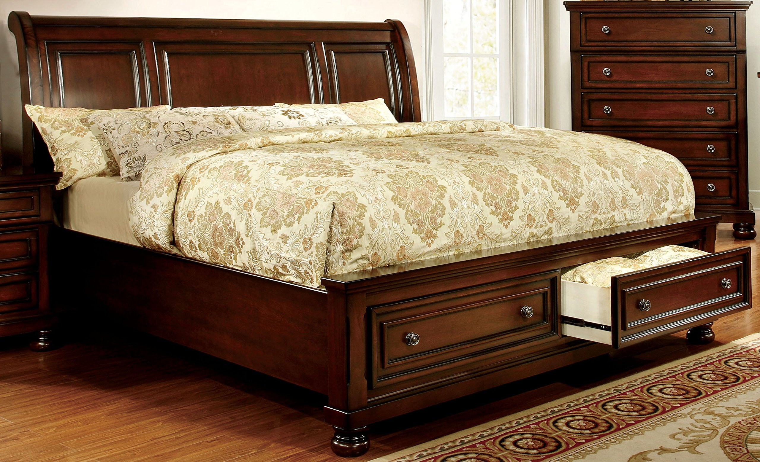 Furniture of America Kandara Queen Size Platform Bed with Storage in Cherry Finish – Perfect for Small Spaces & Modern Bedrooms