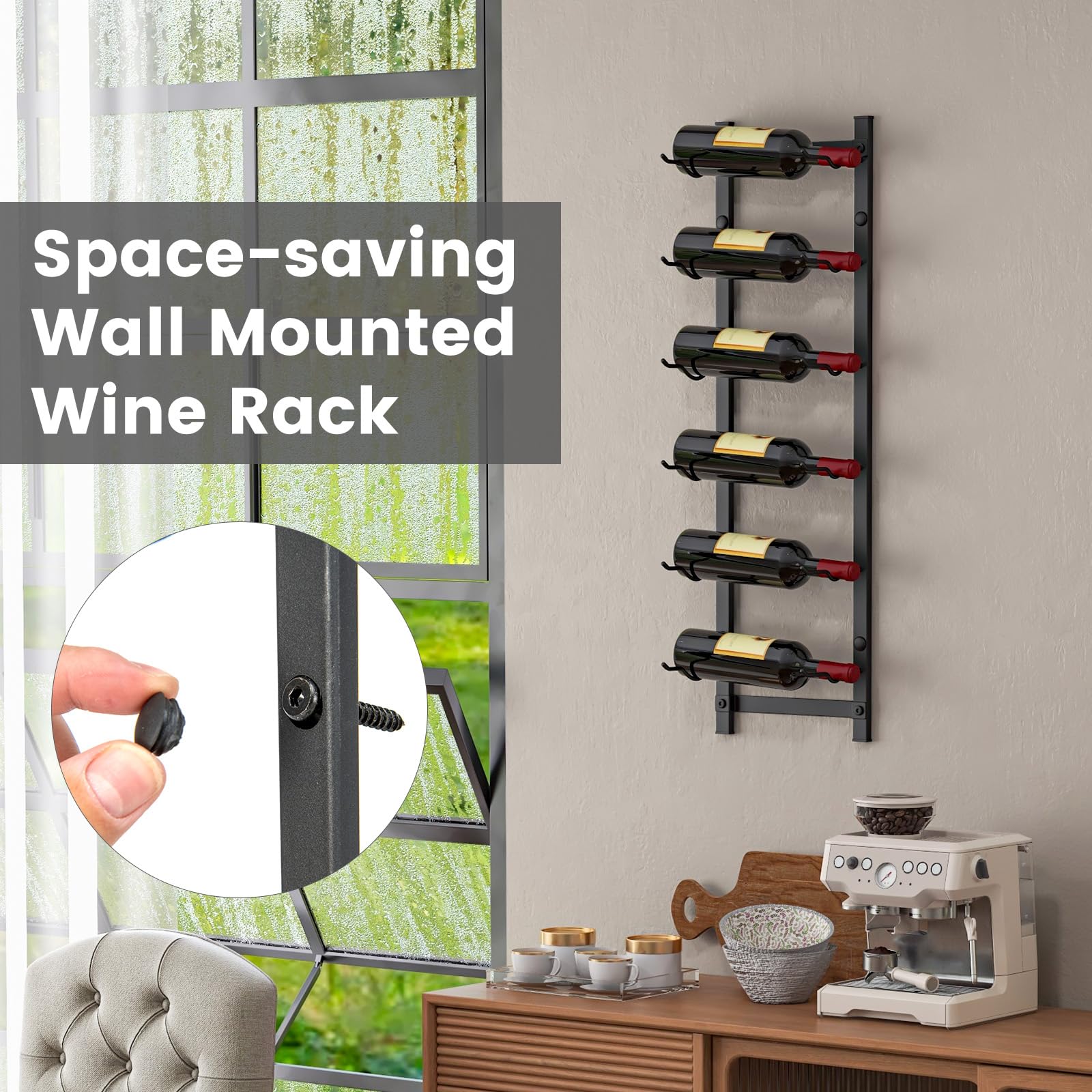 GOFLAME Wall Mounted Wine Rack for 6 Bottles - Rustproof Metal Hanging Wine Holder - Space Saving Wine Storage Organizer for Kitchen, Dining Room, Bar & Cellar - Perfect for Home Decor & Entertaining Guests (Black)