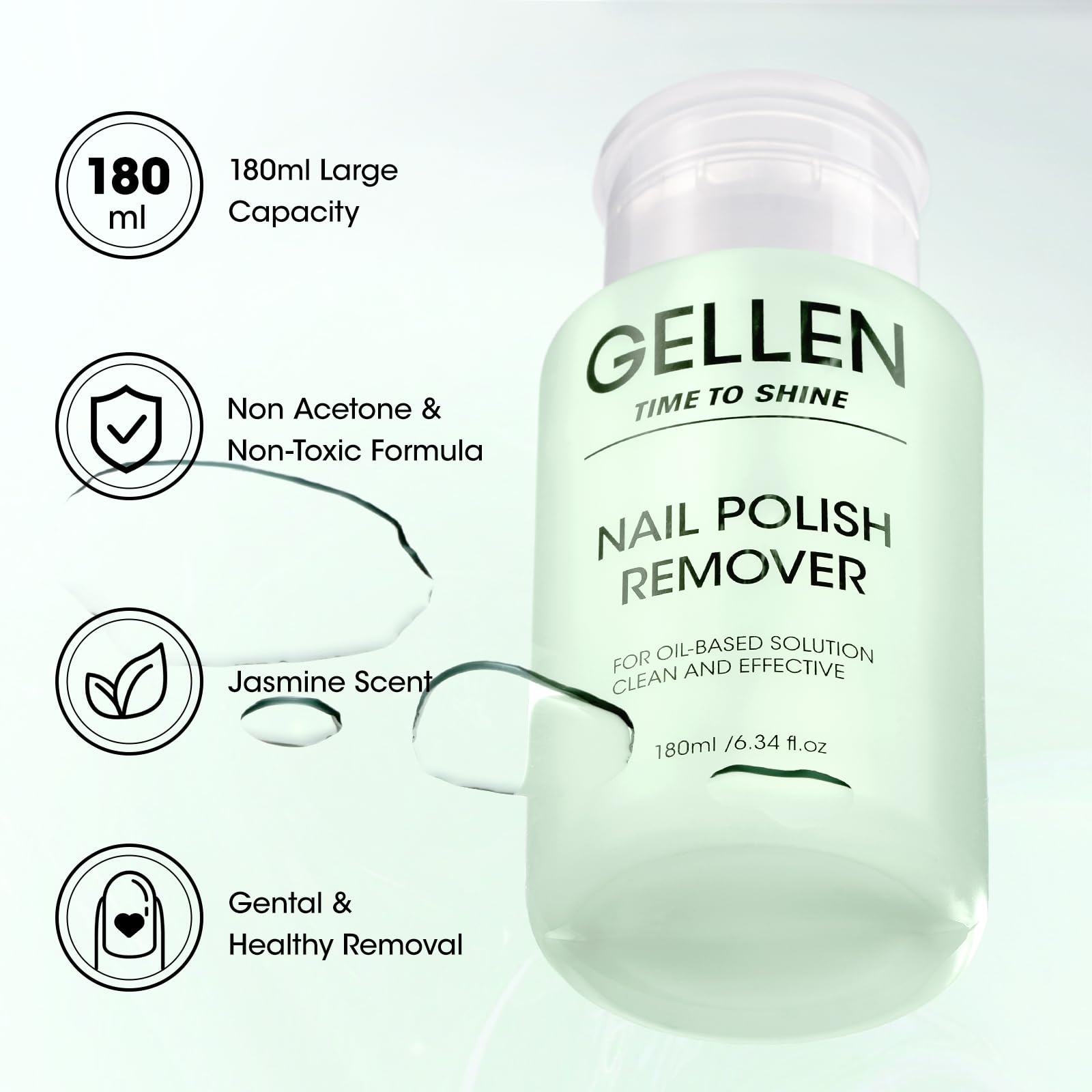 Gellen Non-Acetone Nail Polish Remover - Jasmine Scented Healthy Nail Polish Removal with Push-Down Pump (6.34 Fl Oz) - Gentle Formula for Regular & Gel Nails - Perfect for At-Home Manicures & Salon Use