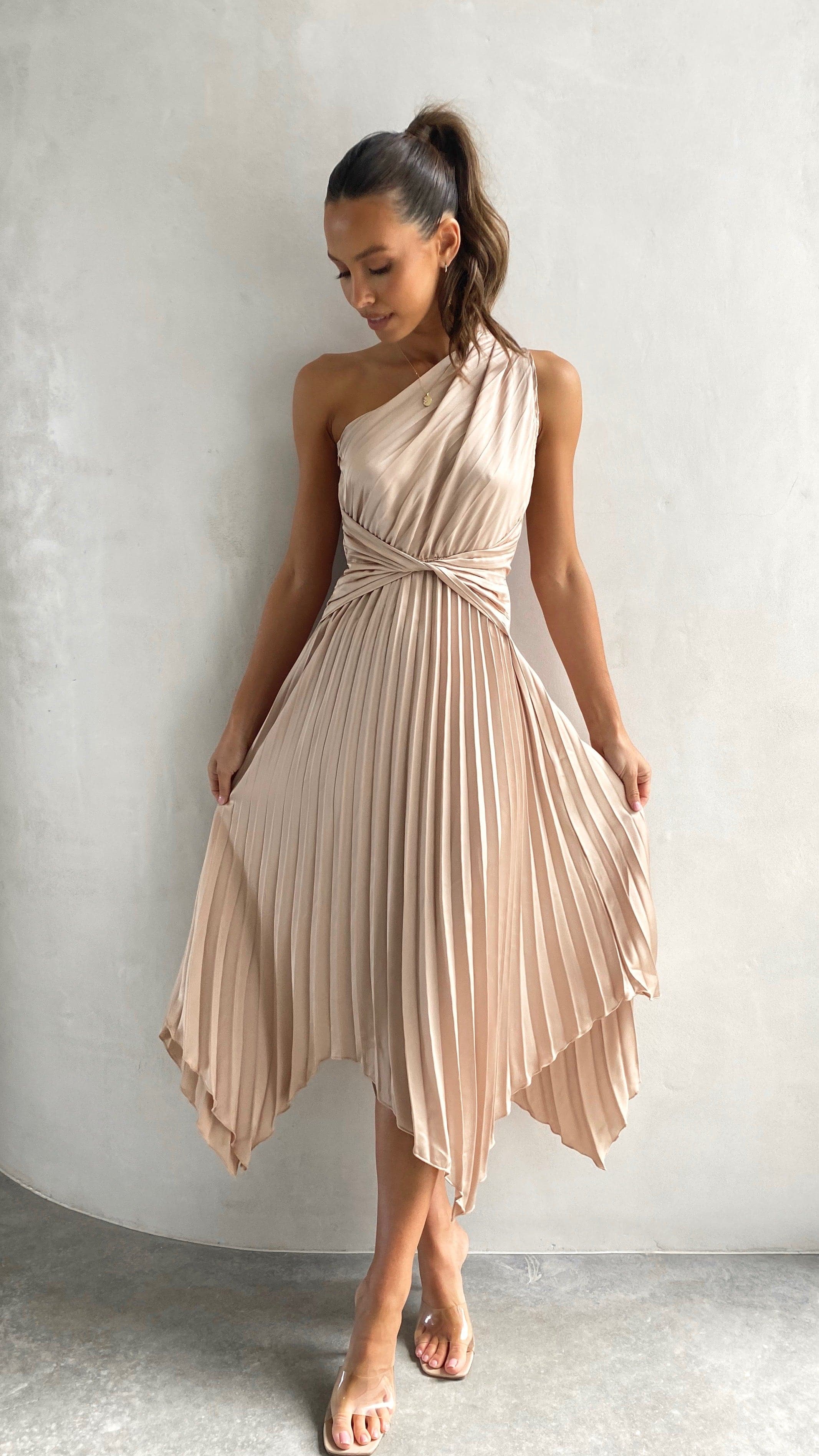 Elegant One Shoulder Midi Dress in Champagne - Perfect for Cocktail Parties, Weddings & Evening Events