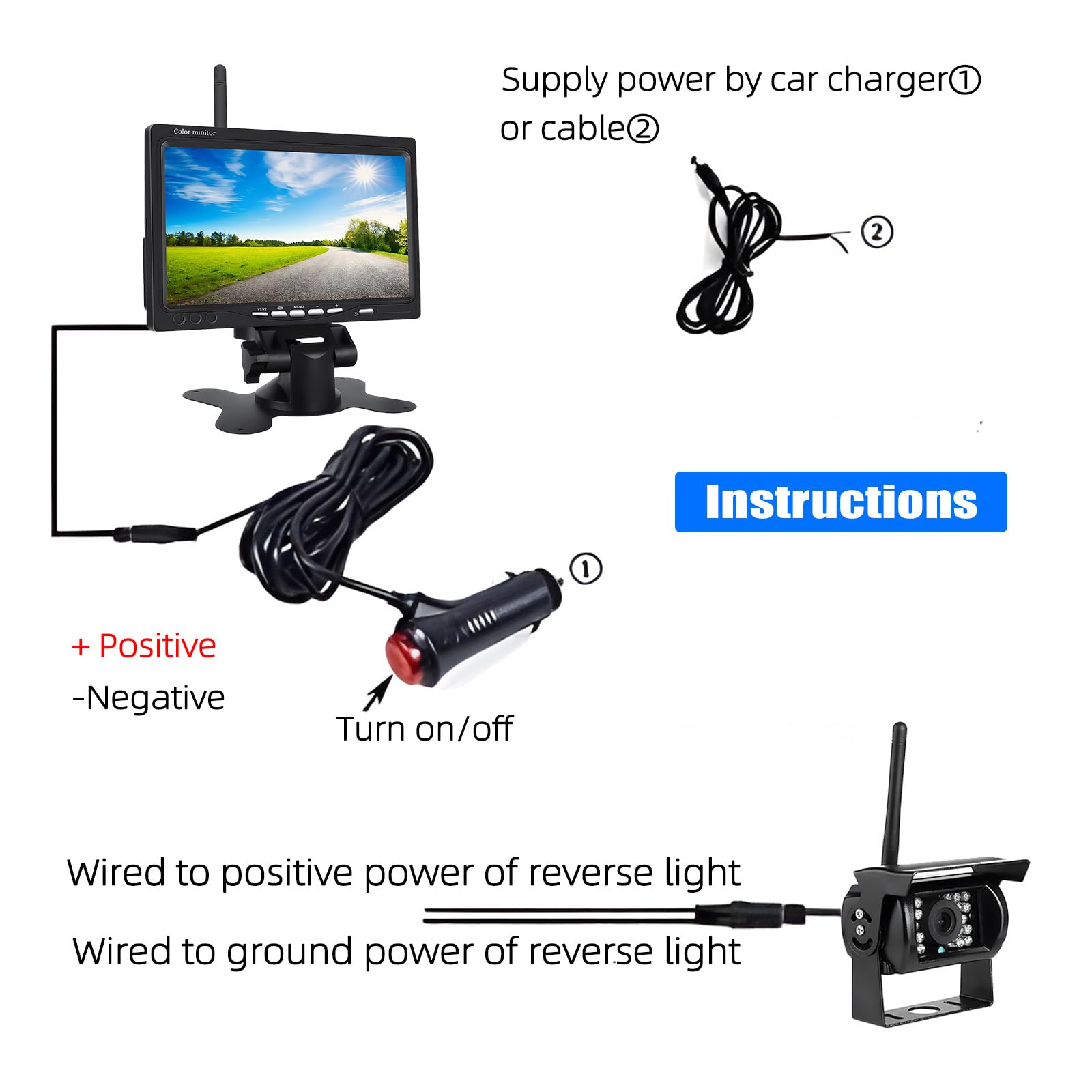Liehuzhekeji Wireless Car Backup Camera and Monitor Kit - 7 Inch HD LCD Display, Waterproof Night Vision Rear View Camera, Parking System with Car Charger for 12V-24V Vehicles (Truck, RV, Trailer, Camper, Bus) - Perfect for Safe Reversing and Parking in Low Light Conditions