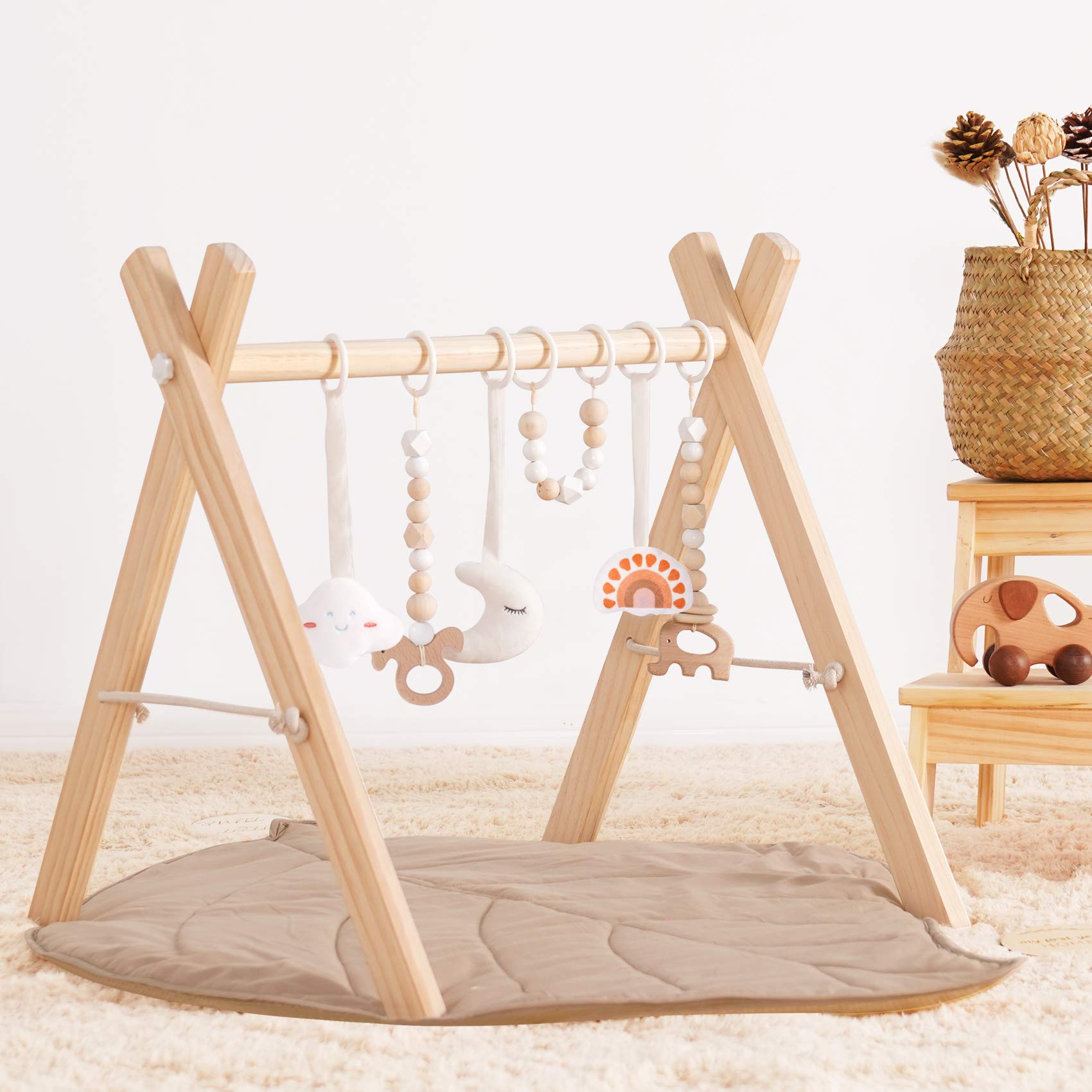 Little Dove Wooden Baby Gym with 6 Developmental Toys - Foldable Play Gym Frame, Montessori Activity Gym with Hanging Bar & Play Mat - Perfect for Tummy Time, Sensory Play & Early Learning (Natural Wood)