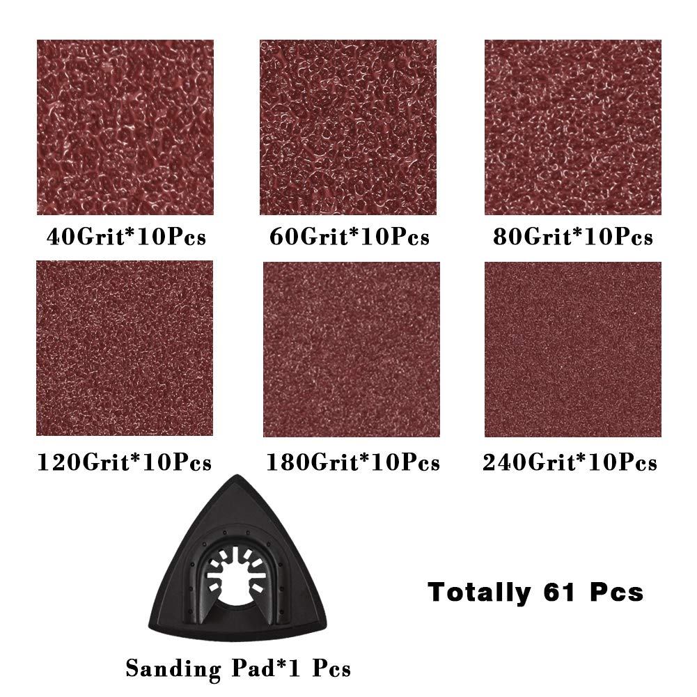 SPEEDWOX 61 Pcs 3-1/8 Inches 80mm Triangle Hook and Loop Sanding Discs with ABS Oscillating Sanding Pad - Assorted 40/60/80/120/180/240 Grits for Wood, Metal & Paint Sanding - Perfect for Detail Sanders, DIY Projects & Home Renovations
