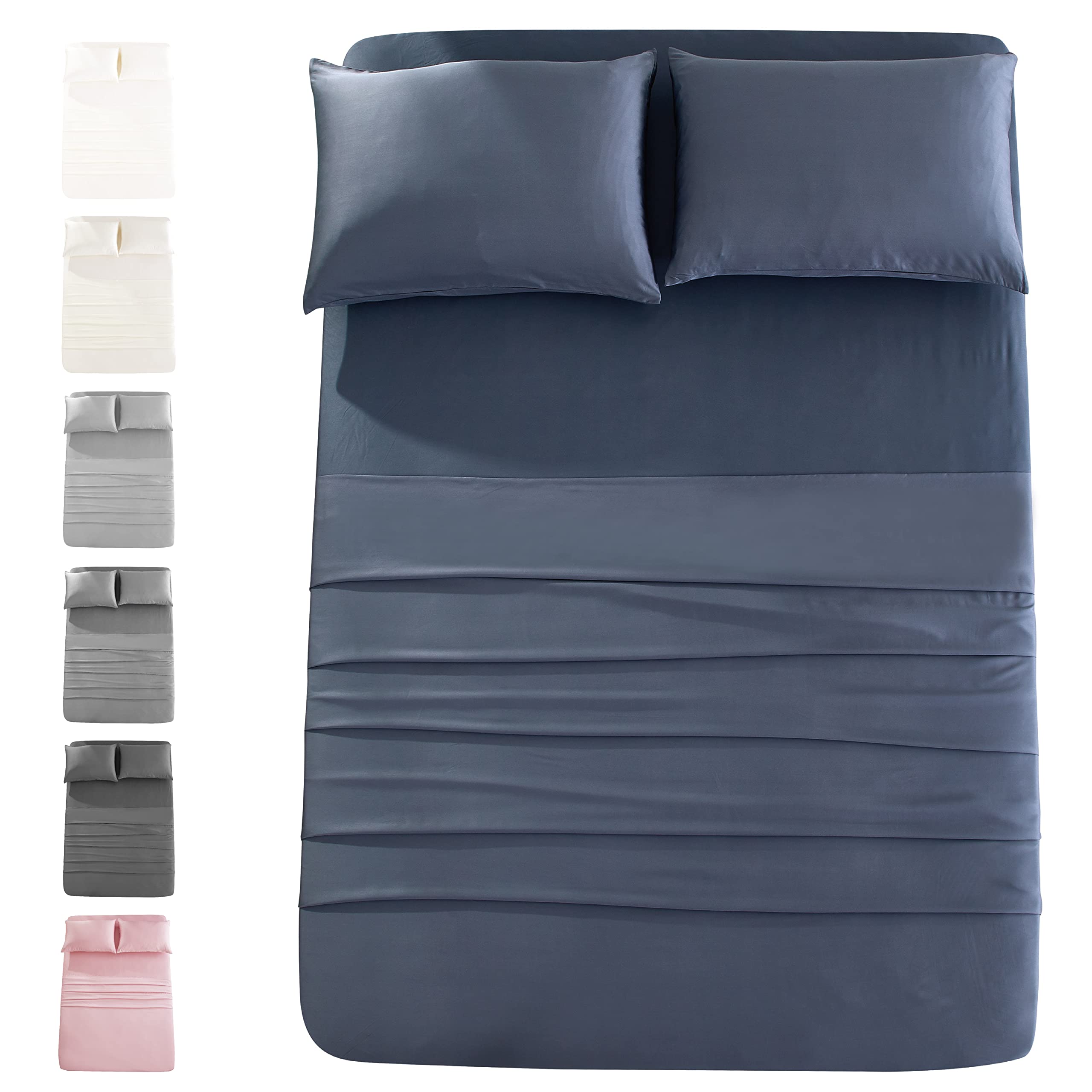 4-Piece 100% Bamboo Bed Sheet Set - Queen Size Luxury Cooling Sheets in Navy Gray | Soft & Breathable Bamboo Fabric for All-Season Comfort | Perfect for Hot Sleepers, Eco-Friendly Bedroom & Guest Room