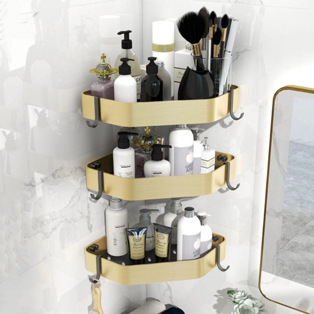 Wall Mounted Shower Caddy with Hooks - 3-Tier Space Saving Bathroom Organizer, No Drill Adhesive Corner Shelf for Shampoo, Soap & Accessories - Gold Aluminum Finish - Perfect for Small Bathrooms & Apartment Showers