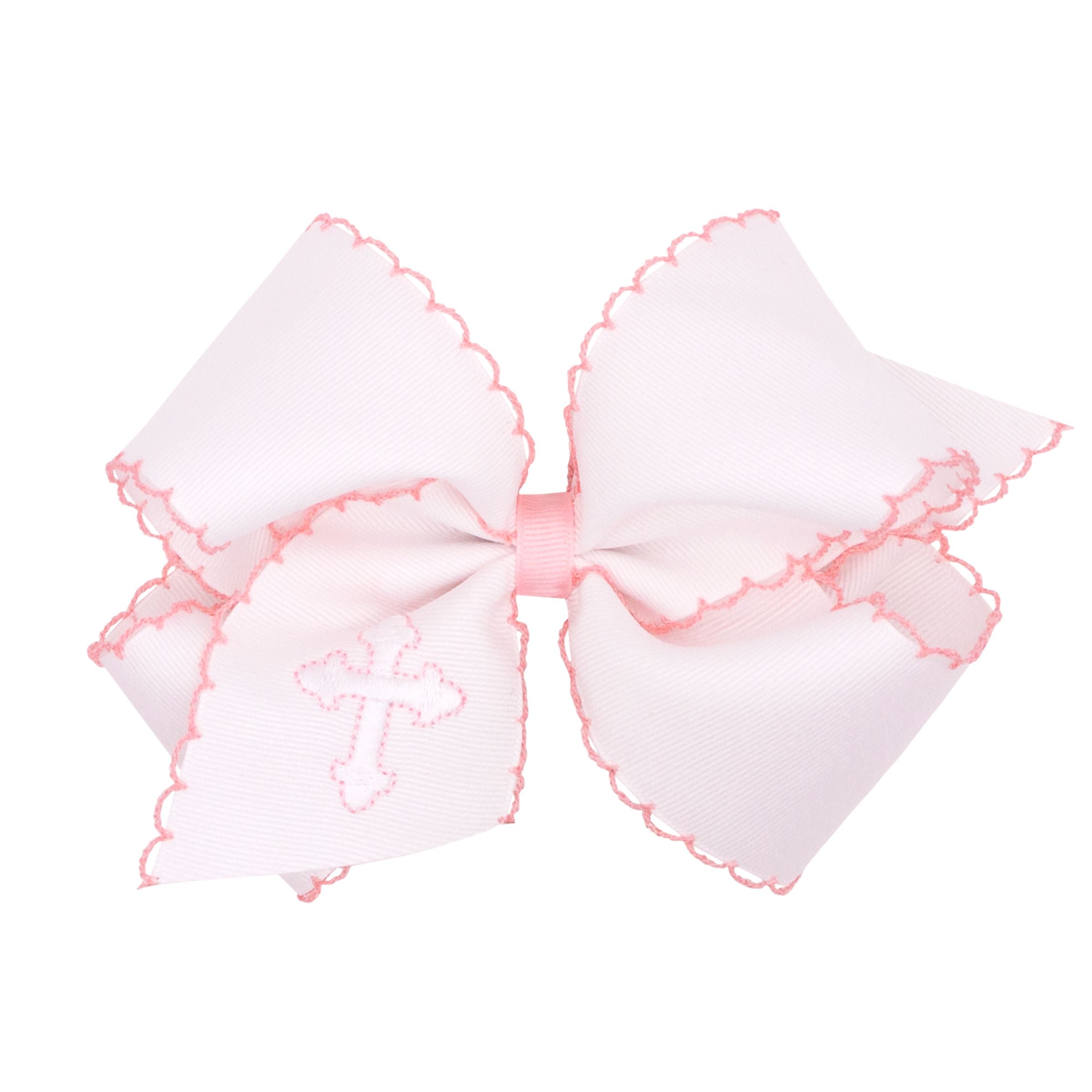 Elegant Light Pink Grosgrain Bow with Moonstitch Edge & White Cross Embroidery - Perfect for Wedding Hair Accessories, Bridal Headbands, and Baby Girl Headpieces