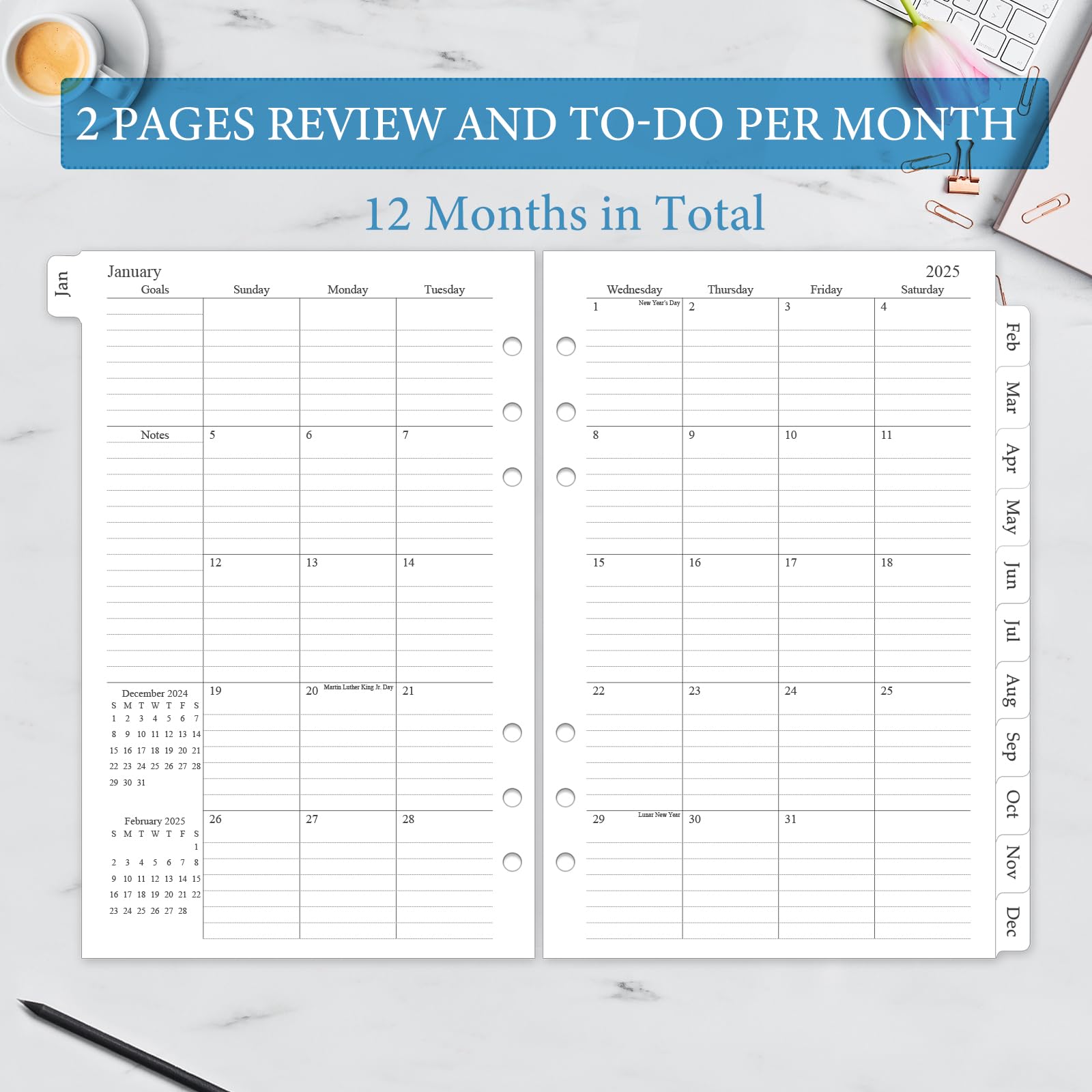 2025 Weekly & Monthly Planner Refill - A5 6-Hole Punched Planner Inserts (5.5