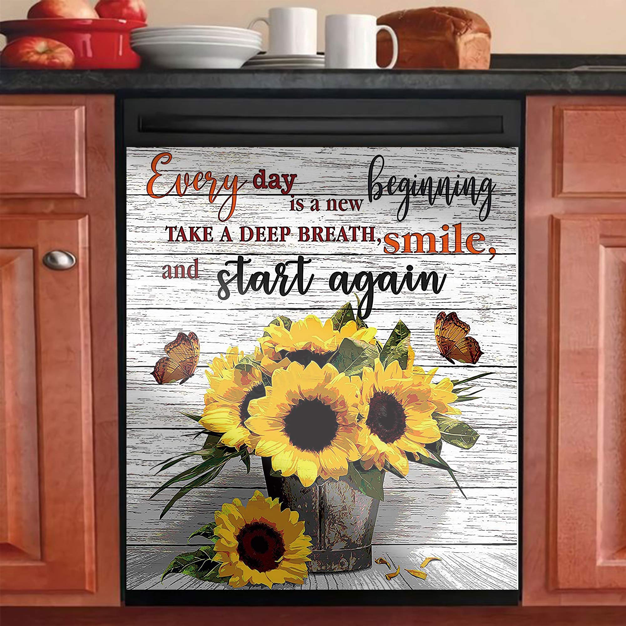 Sunflower Magnetic Dishwasher Cover - Decorative Kitchen Appliance Front Panel with Inspirational 'Every Day Is A New Beginning' Quote - Perfect for Home Kitchen Decor & Dishwasher Door Protection