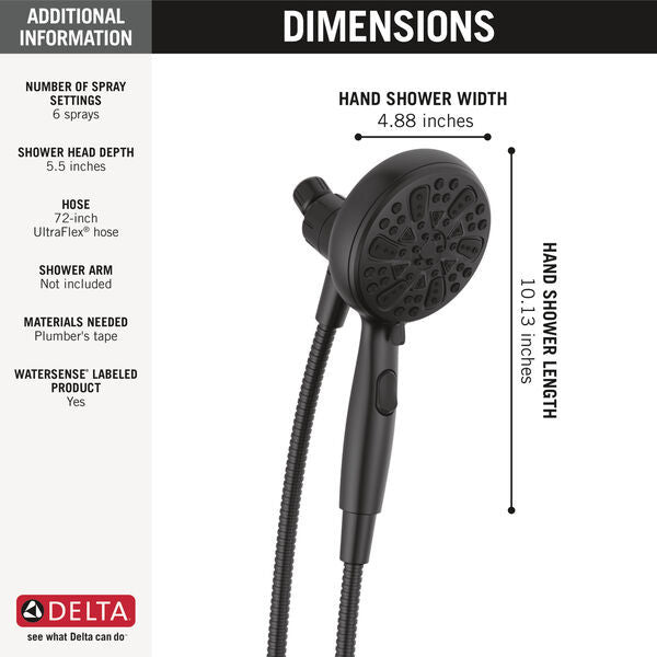 Delta 75609BL SureDock Magnetic Hand Shower - 6 Setting Matte Black Finish for Bathroom & Spa Relaxation