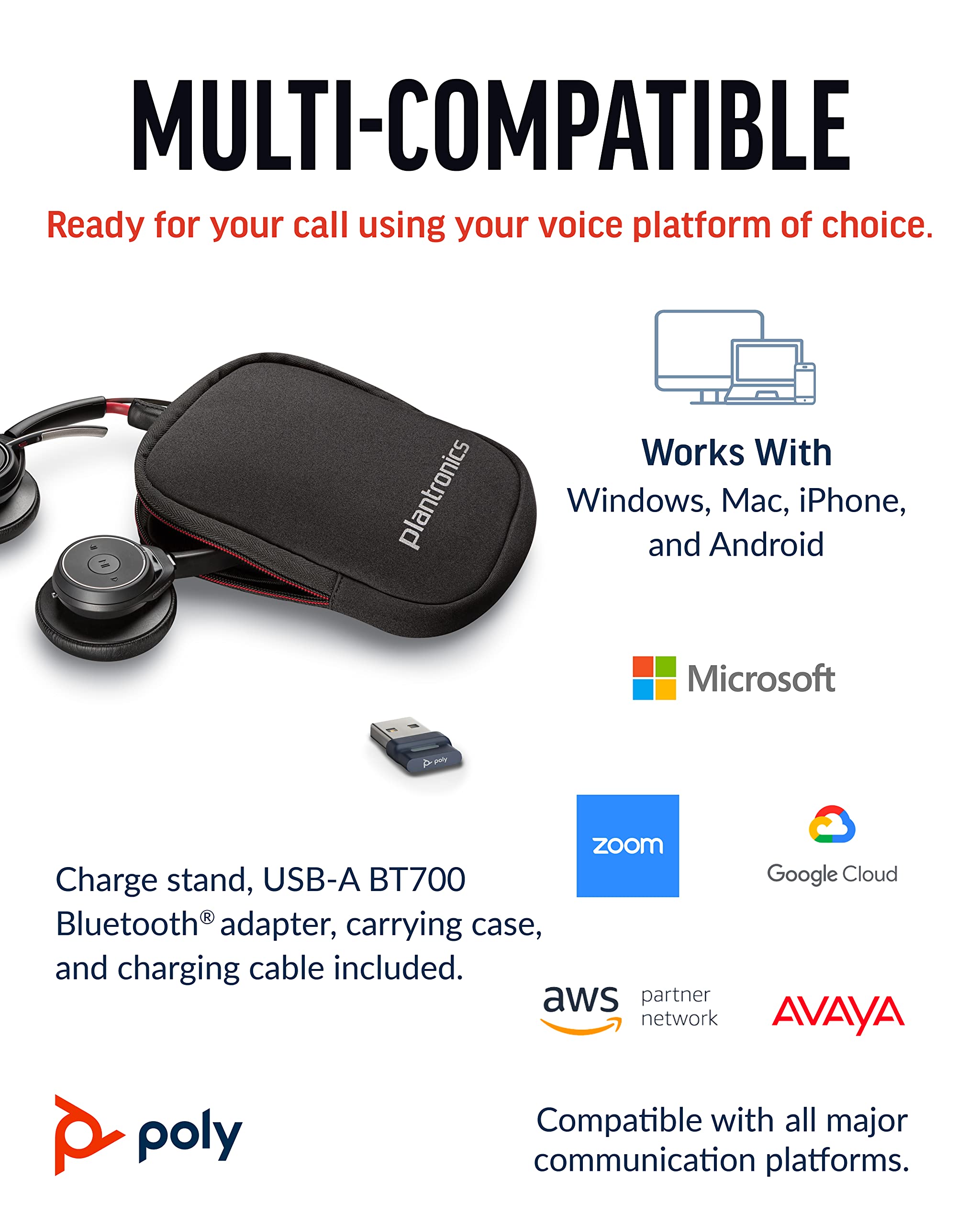 Poly Voyager Focus UC Wireless Headset with Charge Stand - Active Noise Canceling (ANC) Bluetooth Headphones for PC, Mac, Mobile - Compatible with Microsoft Teams, Zoom - Perfect for Home Office, Remote Work & Online Meetings (Amazon Exclusive)