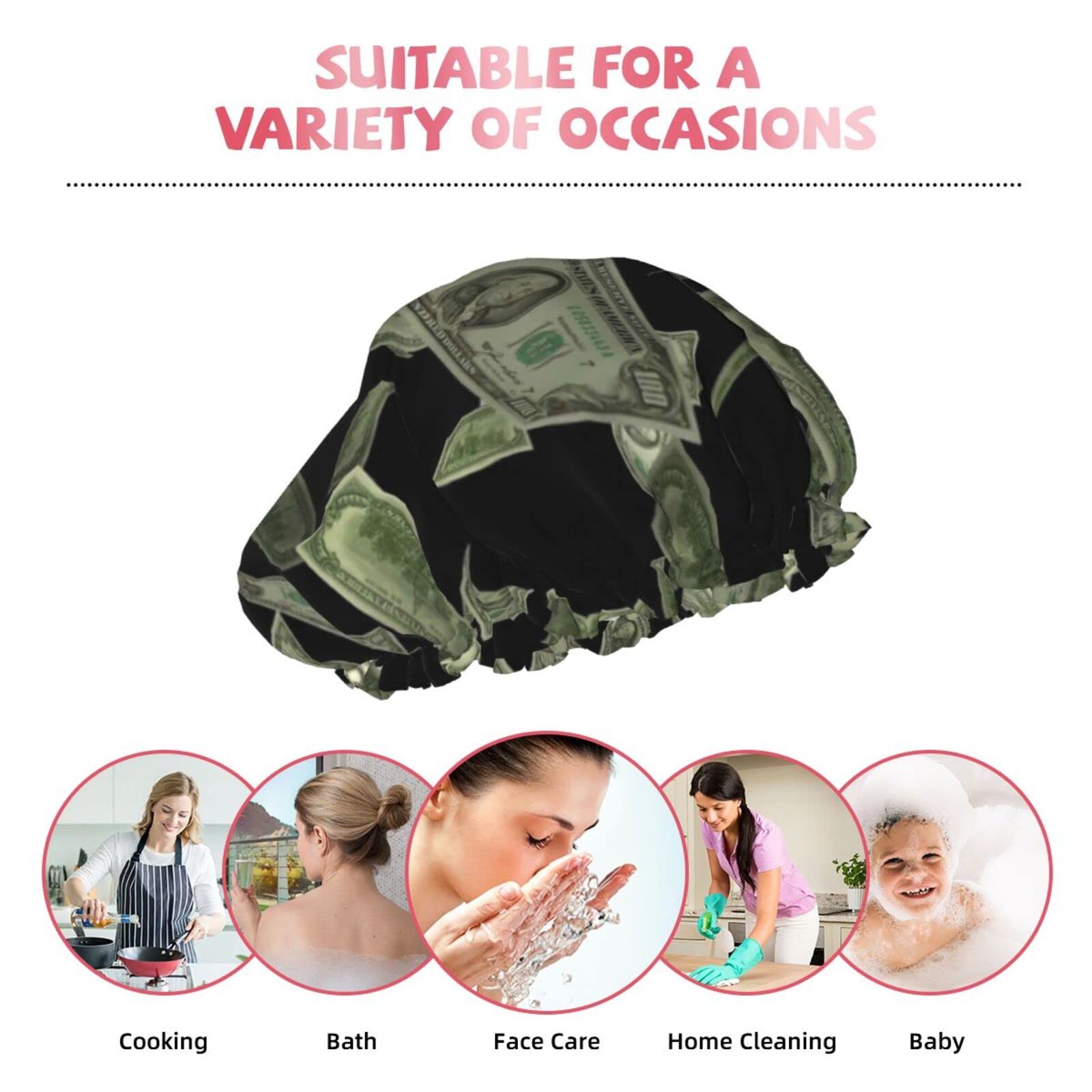 Waterproof Reusable Shower Cap for Women - Dollar Sign Money Print Bath Hair Cap | Double Layer Protection for Shower, Bathing & Spa