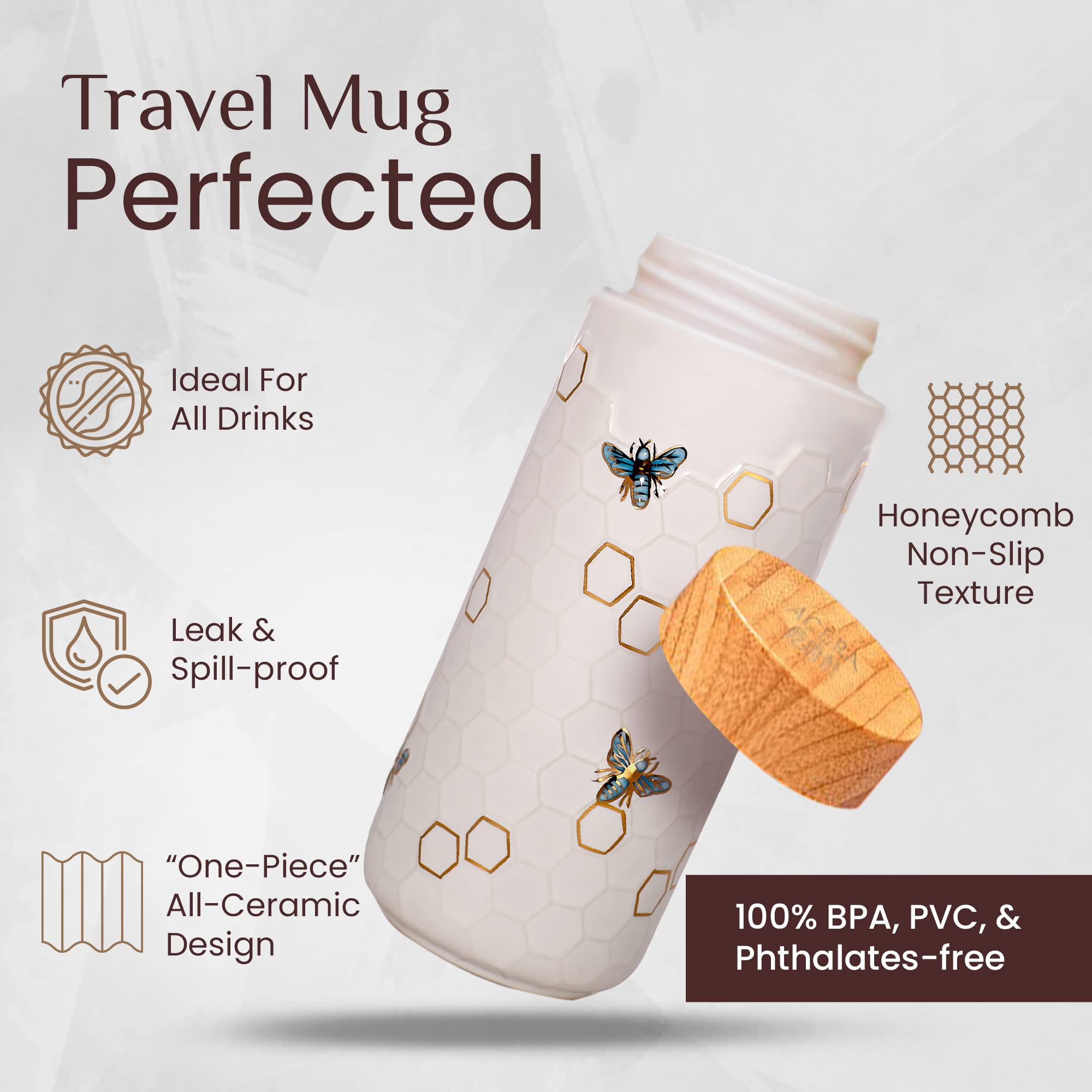 Acera Liven Honey Bee Travel Mug - 12.3oz Double Wall Ceramic Insulated Tumbler with Leak-Proof Lid, Thermal Coffee Tea Juice Cup for Office, Commuting & Outdoor Activities