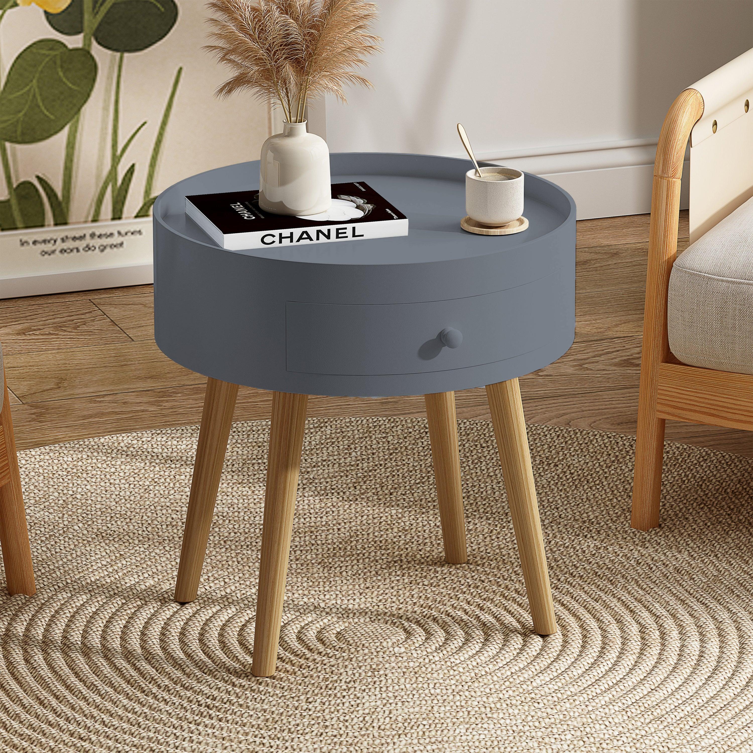 18H Nightstand with Storage Drawer & Oak Legs - Modern Bedside Table, Sofa Side Table for Bedroom, Living Room - Perfect for Small Spaces, Apartment Essentials & Home Organization