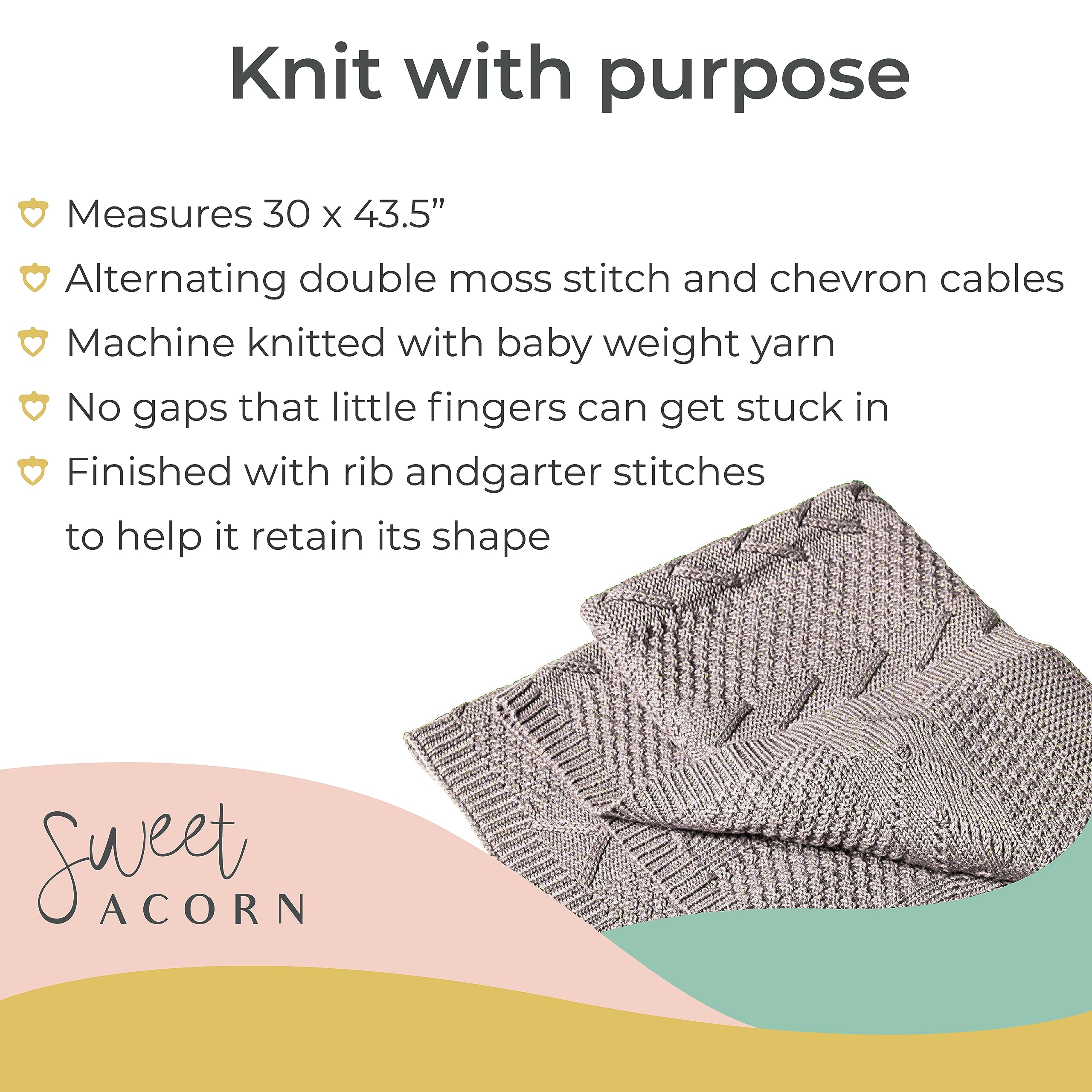 Organic Cotton Sweet Acorn Cable Knit Baby Blanket - Soft Crib & Stroller Blanket for Newborns - Receiving Blanket in Fog Grey - Perfect for Nursery, Swaddling & On-the-Go Comfort