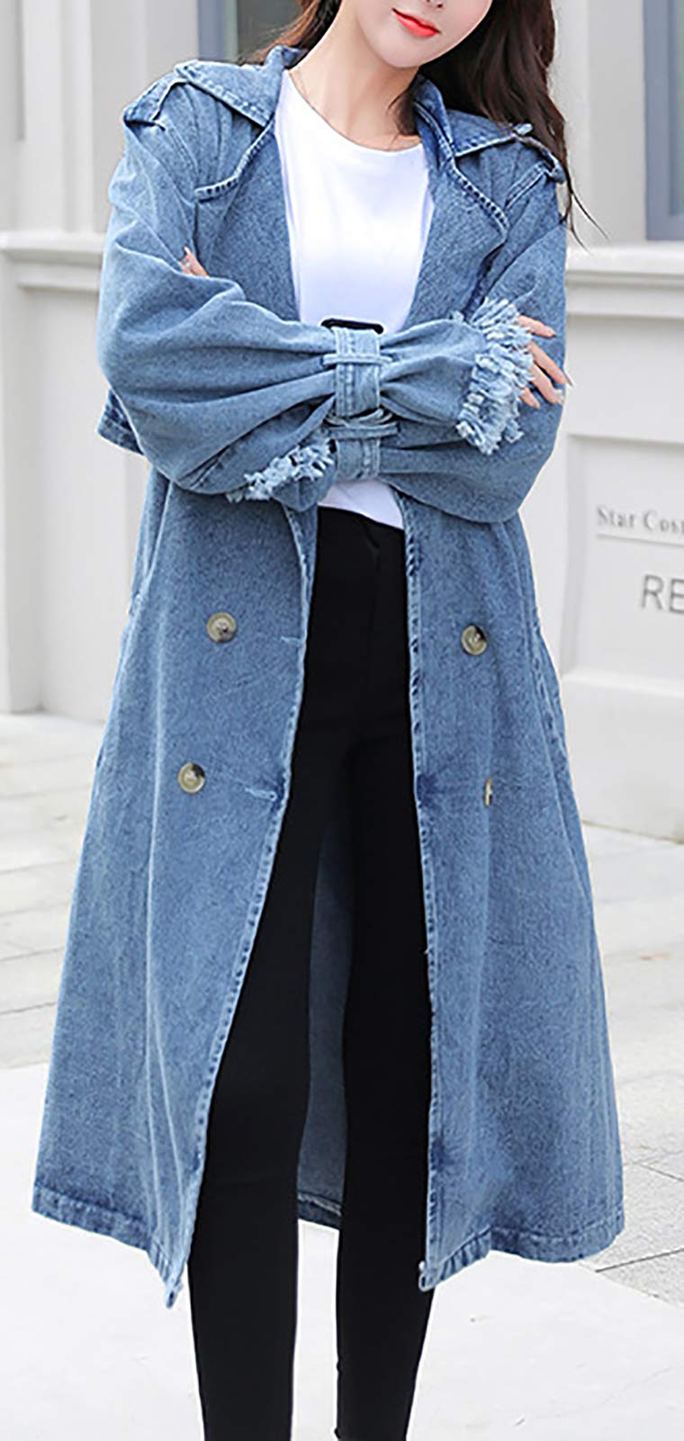 Stylish Women's Long Denim Jacket with Belt - Oversized Button Down Trench Coat for Spring - Casual Long Sleeve Jean Jacket for Everyday Wear, Date Night & Outdoor Activities