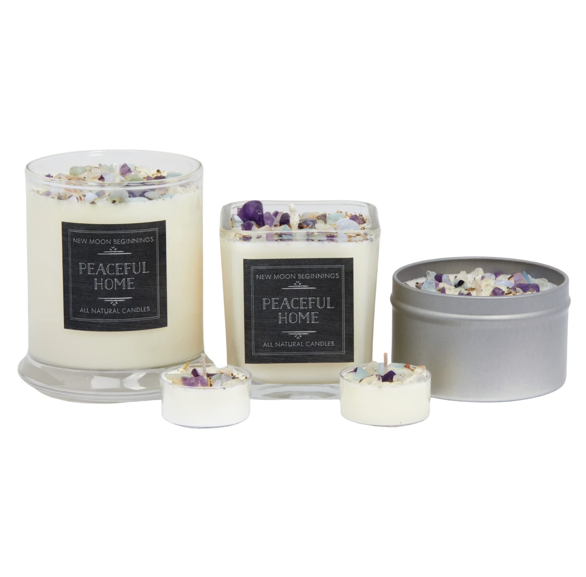 New Moon Beginnings Peaceful Home® Soy Candle - Stress Relief & Energy Clearing with Natural Essential Oils & Crystals - 8oz Tin Candle for Relaxation, Meditation & Home Decor