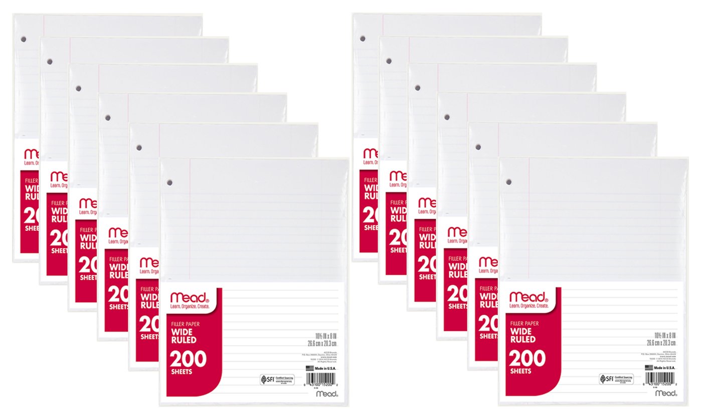 Premium Mead Filler Paper - 200 Sheets Wide Ruled Loose Leaf Notebook Paper, 12-Pack (15200) for School, Office & Home Organization