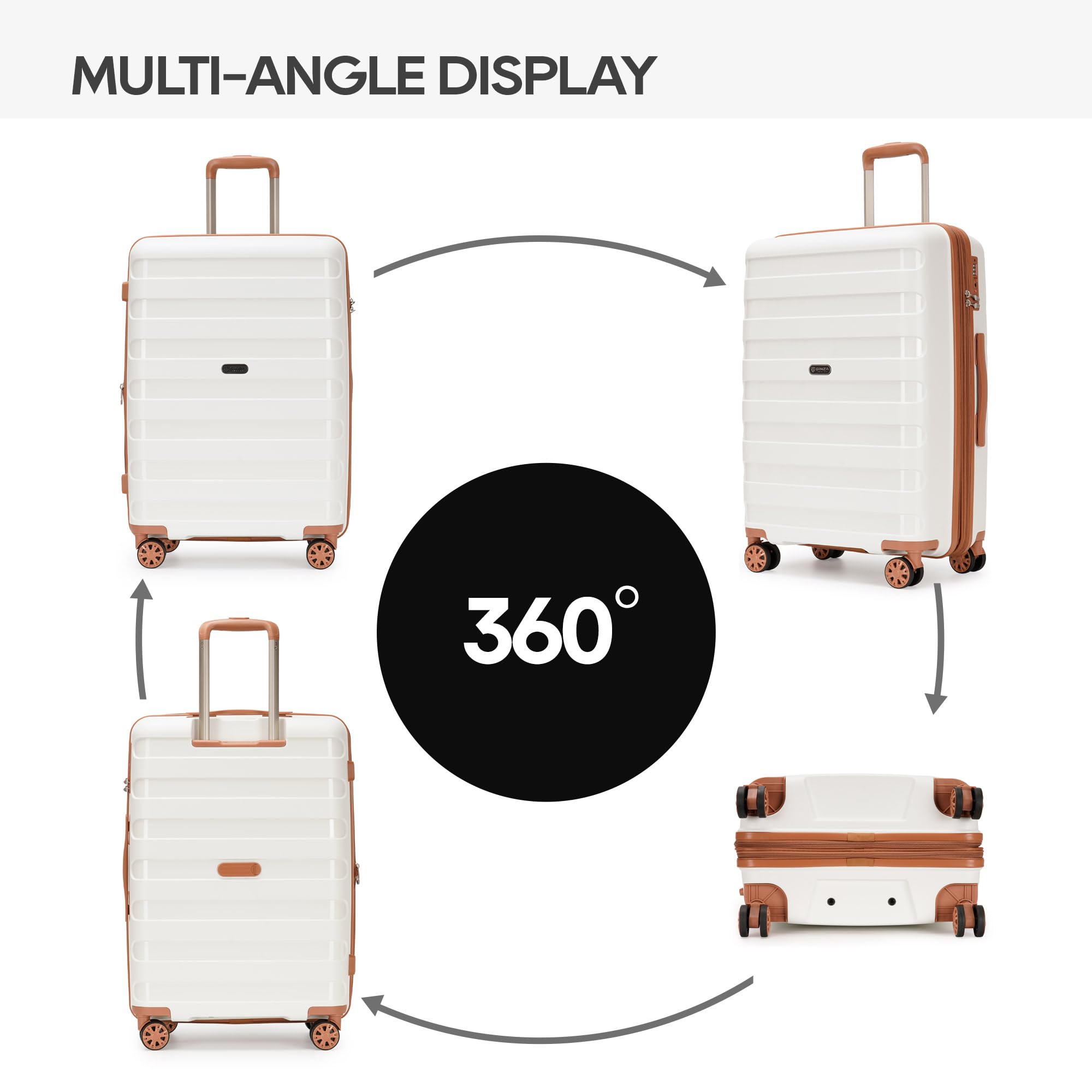 Expandable 3-Piece PP Luggage Set with Spinner Wheels & TSA Lock - 20/24/28 Inch Large Suitcases for Family Travel (White & Brown) - Perfect for Air Travel, Business Trips & Vacation Packing