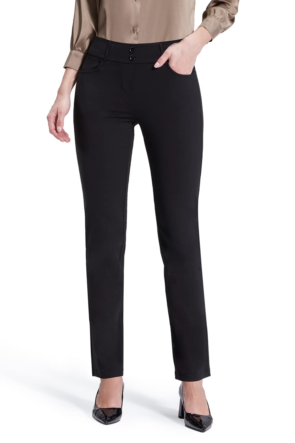 Bamans Women's Straight Leg Stretch Work Pants - Pull-On Business Casual Dress Pants with Pockets | Office Wear, Professional Attire & Everyday Comfort