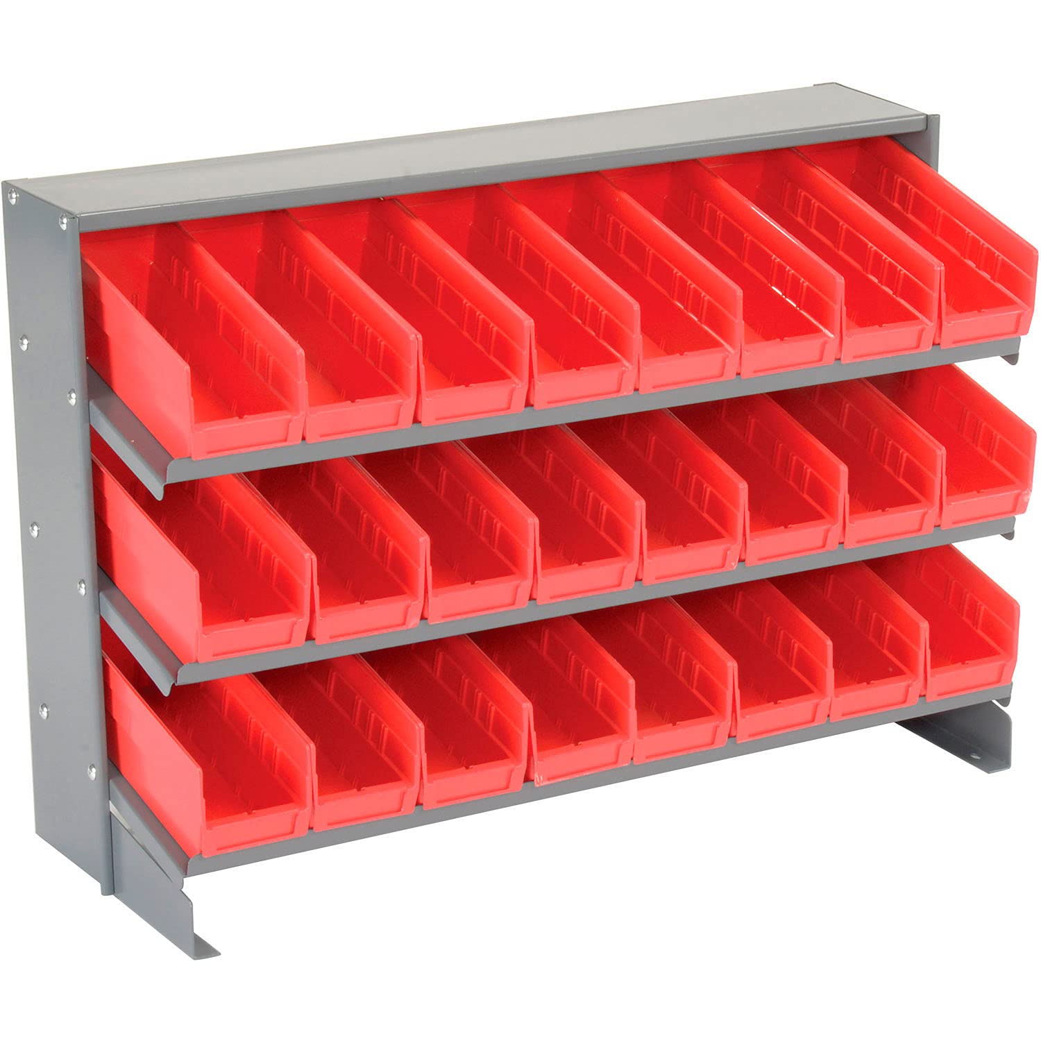 Global Industrial 3-Shelf Storage Bench Rack with 24 Red 4-Inch Wide Bins - 33x12x21 Inches - Perfect for Workshop, Garage & Retail Organization