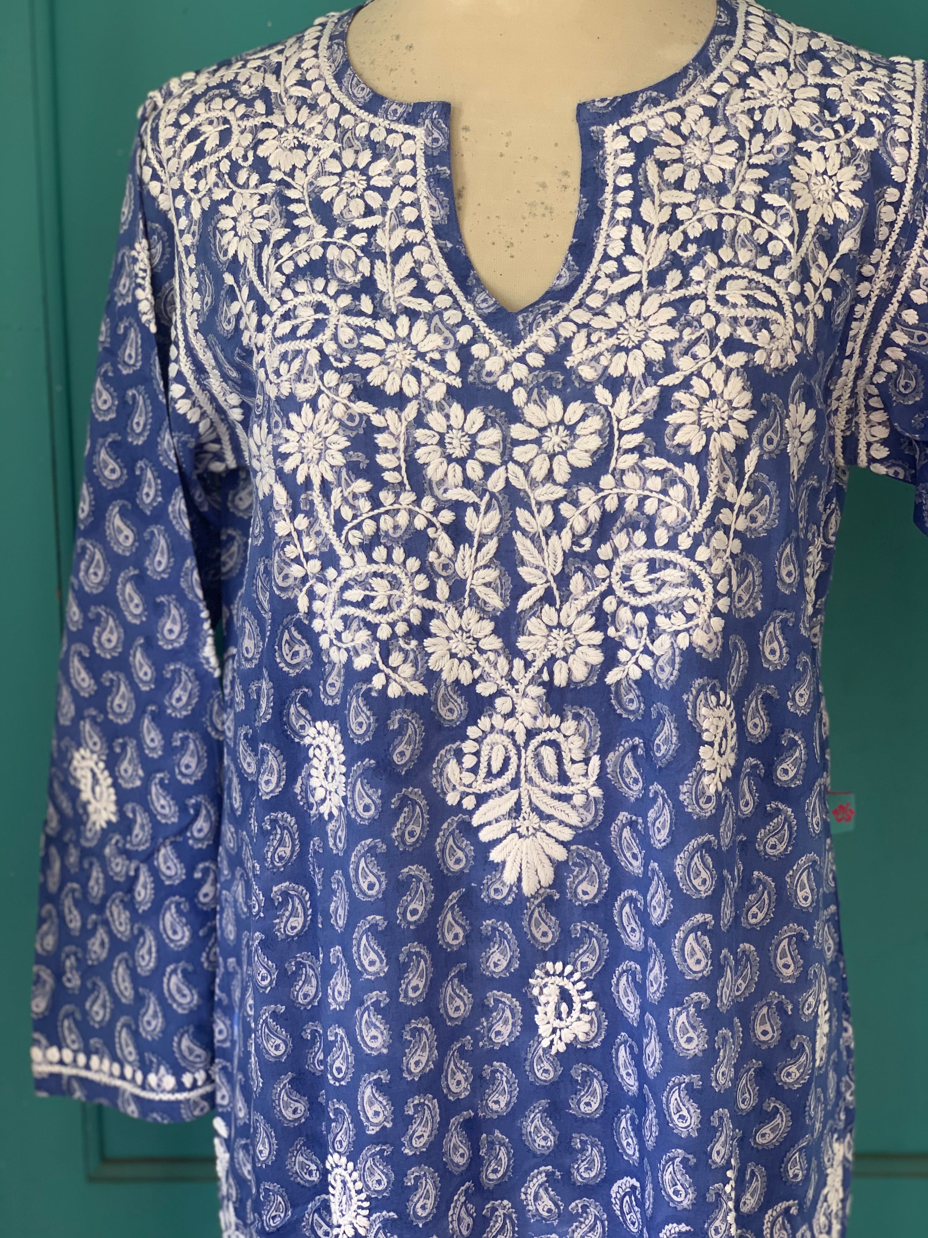 Hand Block Printed Blue Muslin Cotton Maxi Kurta for Women | Traditional Indian Tunic Dress | Perfect for Festivals, Weddings & Casual Wear