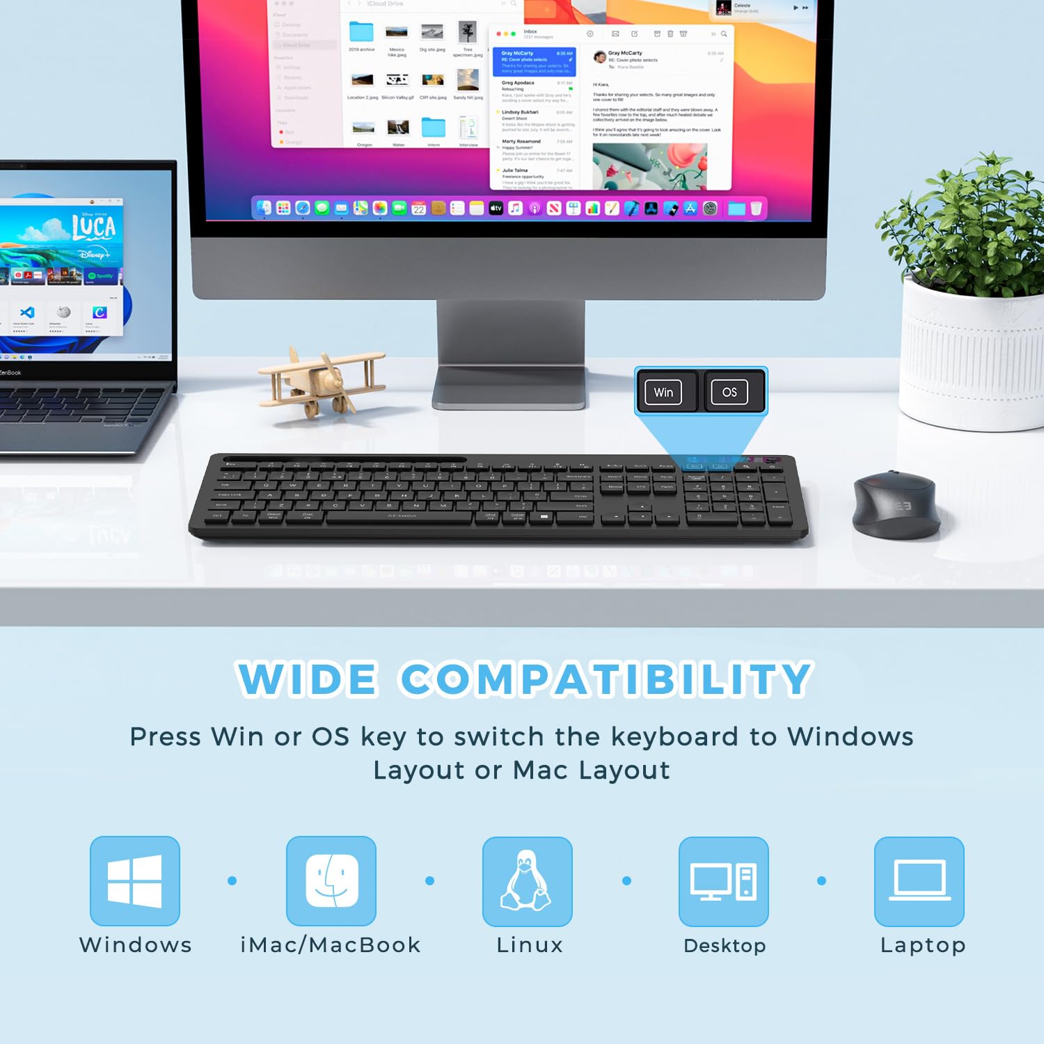 Wireless Keyboard Mouse Set with USB A/C for Macbook, PC, Laptop - Home & Office Use