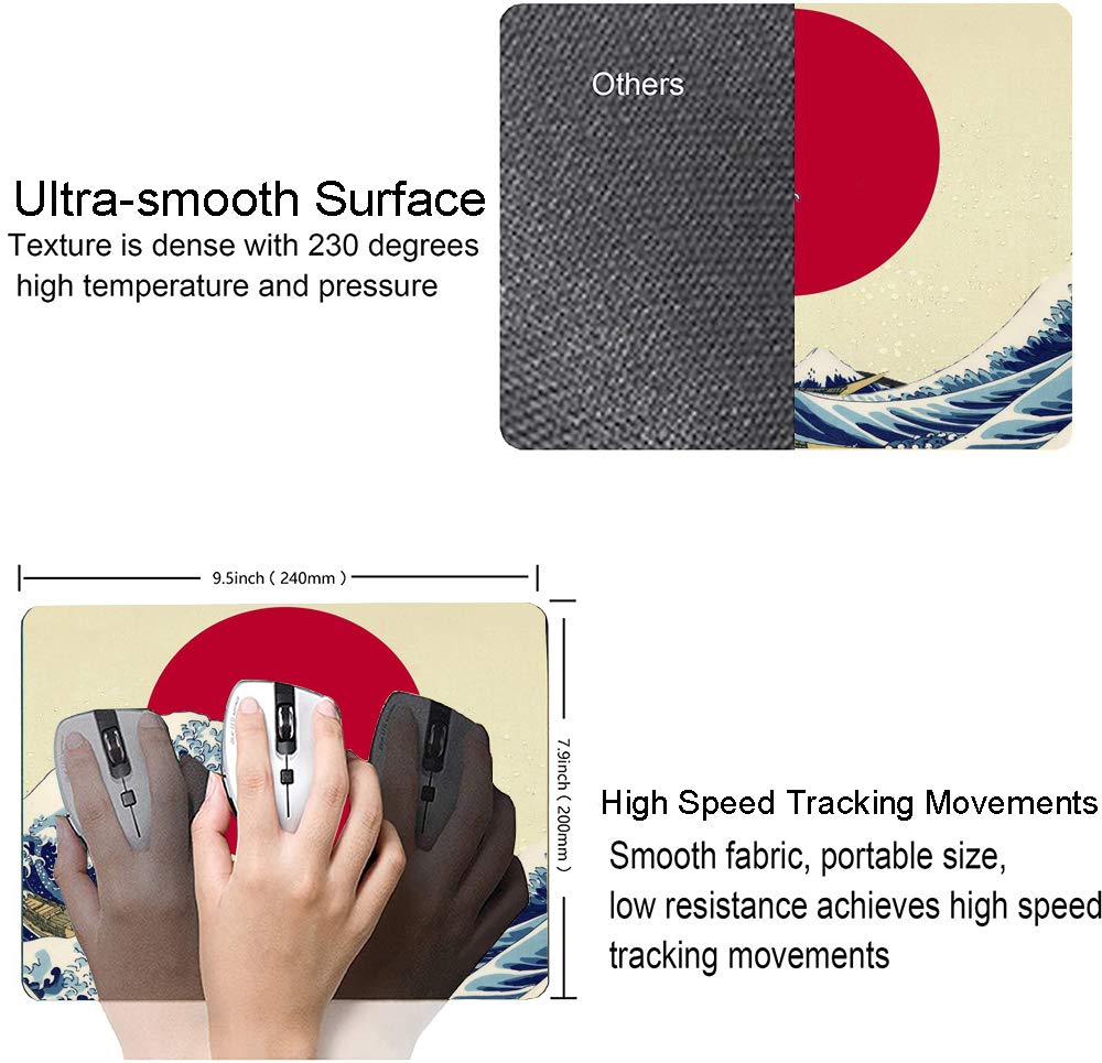 Japanese The Great Wave Off Kanagawa Gaming Mouse Pad - Non-Slip Rubber Base Computer Mouse Mat for PC, Laptop & Office Use (9.5x7.9 Inches) - Perfect for Gaming, Work & Home Office Setup