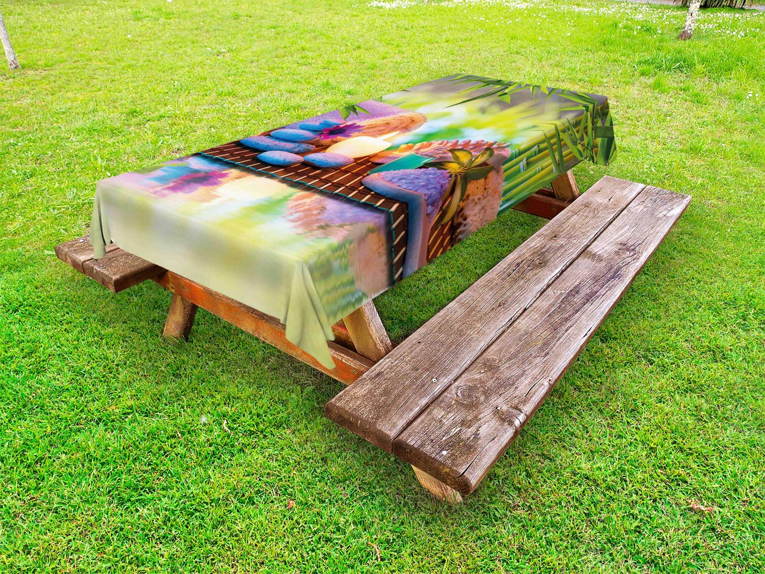 Ambesonne Spa Themed Outdoor Tablecloth - Relaxing Eastern Folk Botanical Tree Print, Washable Picnic Table Cover 58x120 Inches, Multicolor - Perfect for Garden Parties, BBQs, and Outdoor Dining