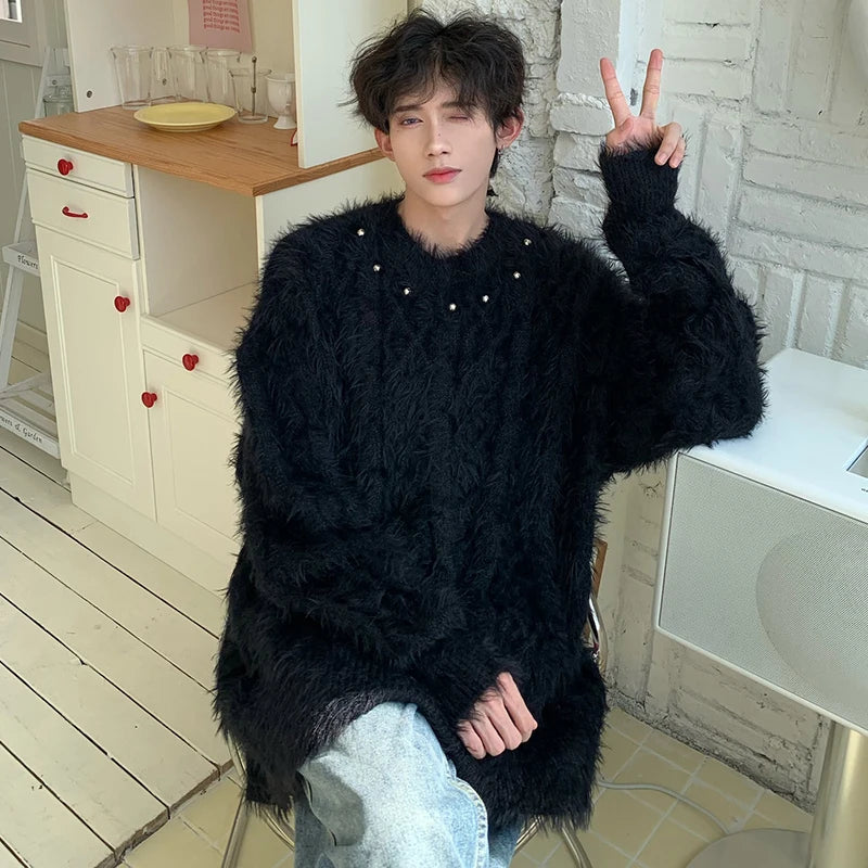 Stylish Korean Round Neck Solid Color Plush Men's Pullover Sweater - Trendy Spring 2025 Fashion (9C4134) | Perfect for Casual Outings, Office Wear & Date Nights