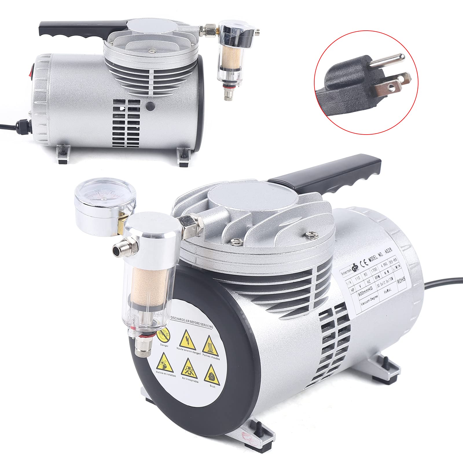 Oil-Free Diaphragm Vacuum Pump 1/6HP 20-23L/min 1450-1700 RPM - Food Packaging, Crafts, Lab Equipment & Industrial Applications - Quiet, Maintenance-Free Vacuum Suction System