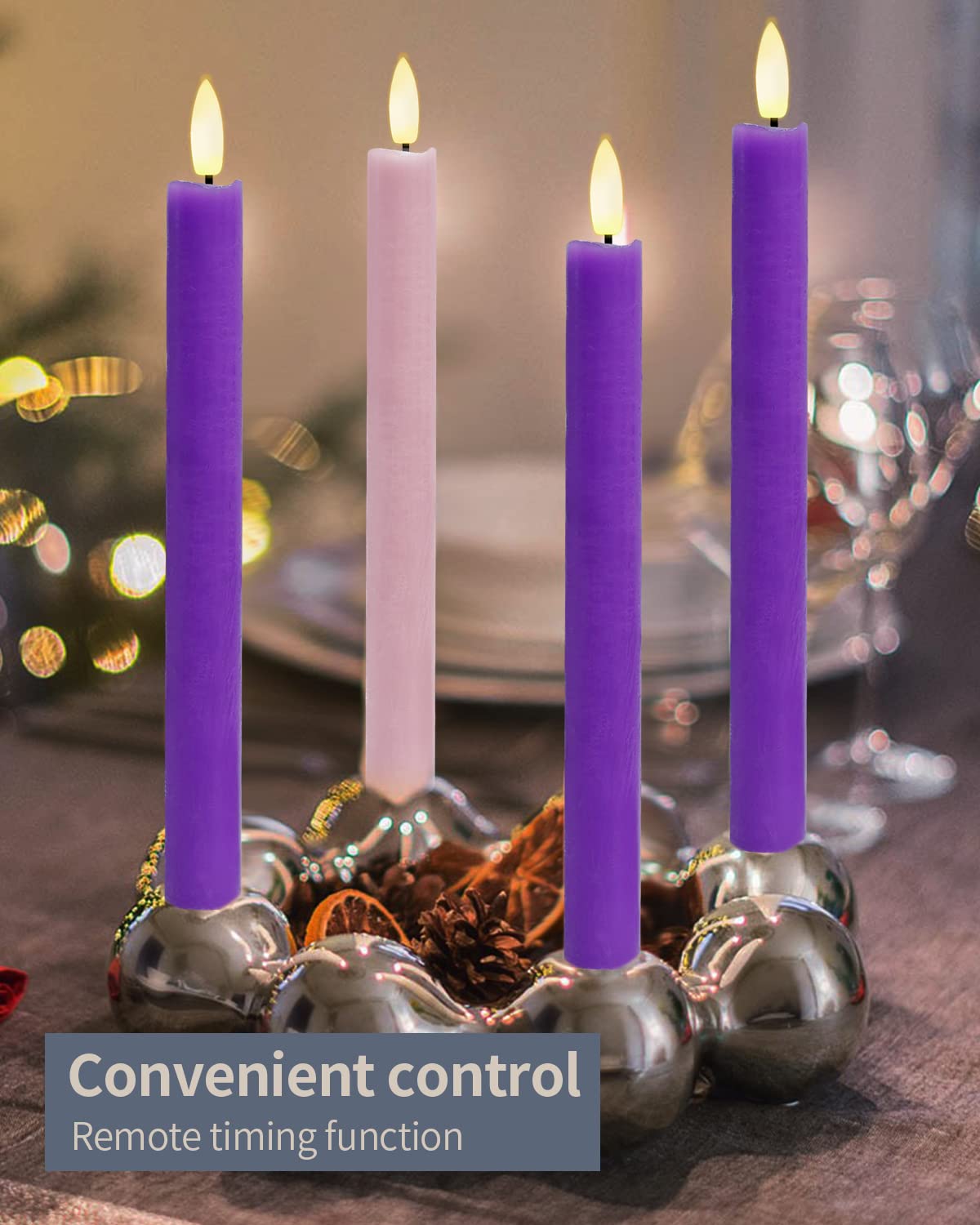 SHYMERY Flameless LED Taper Candles - Battery Operated Electric Candles with Remote Timer, Set of 4 (Purple & Pink) - Real Wax Flickering Flameless Candles for Christmas Decorations, Thanksgiving Centerpieces, Wreath Decor, Wedding & Home Decor