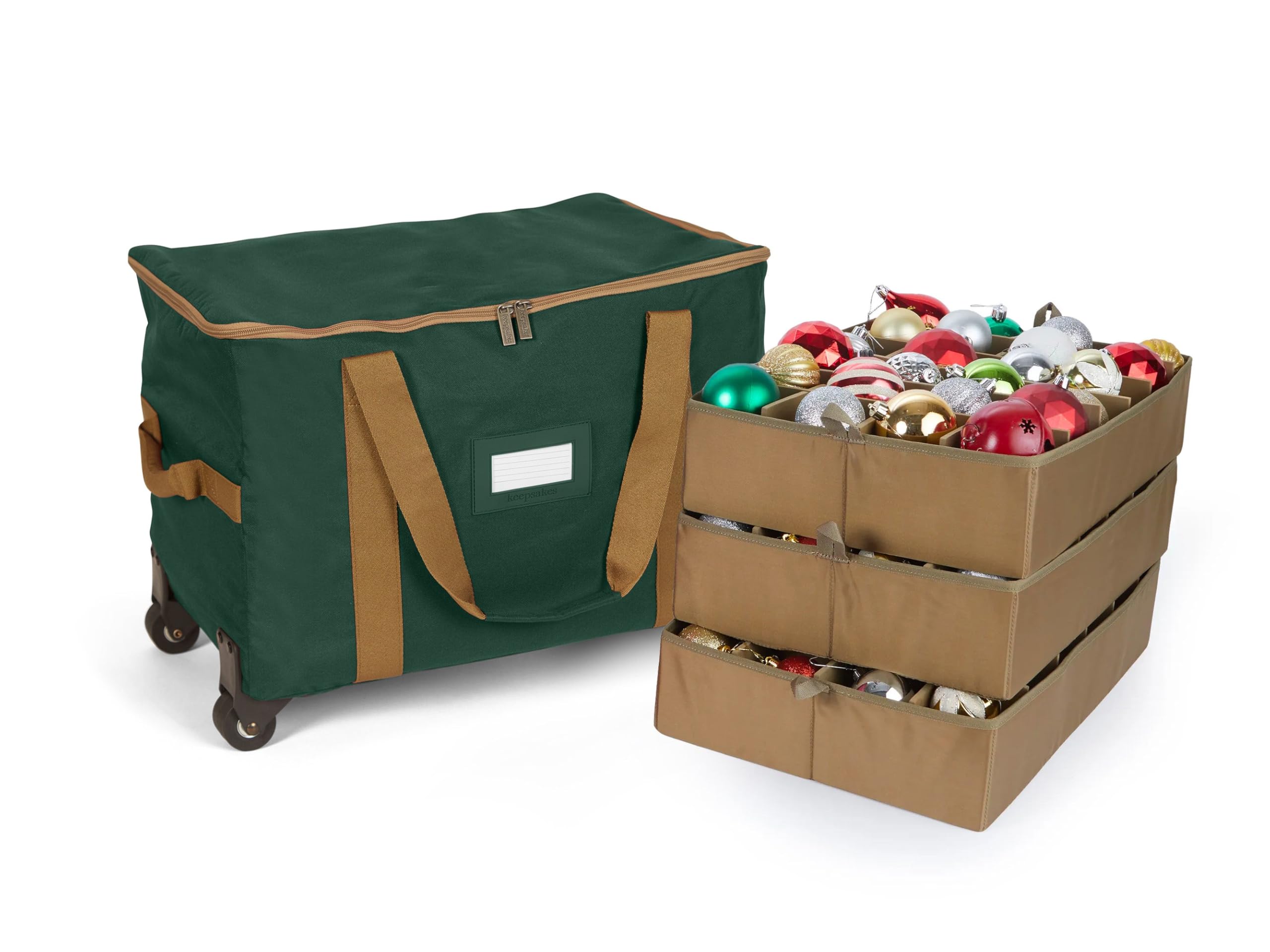 Covermates Keepsakes Rolling Adjustable Ornament Storage Bag with Carrying Handles - Padded Protection & Dual Wheels for Holiday Decorations (Green) - Perfect for Christmas Tree Ornaments, Holiday Decor Storage & Seasonal Organization