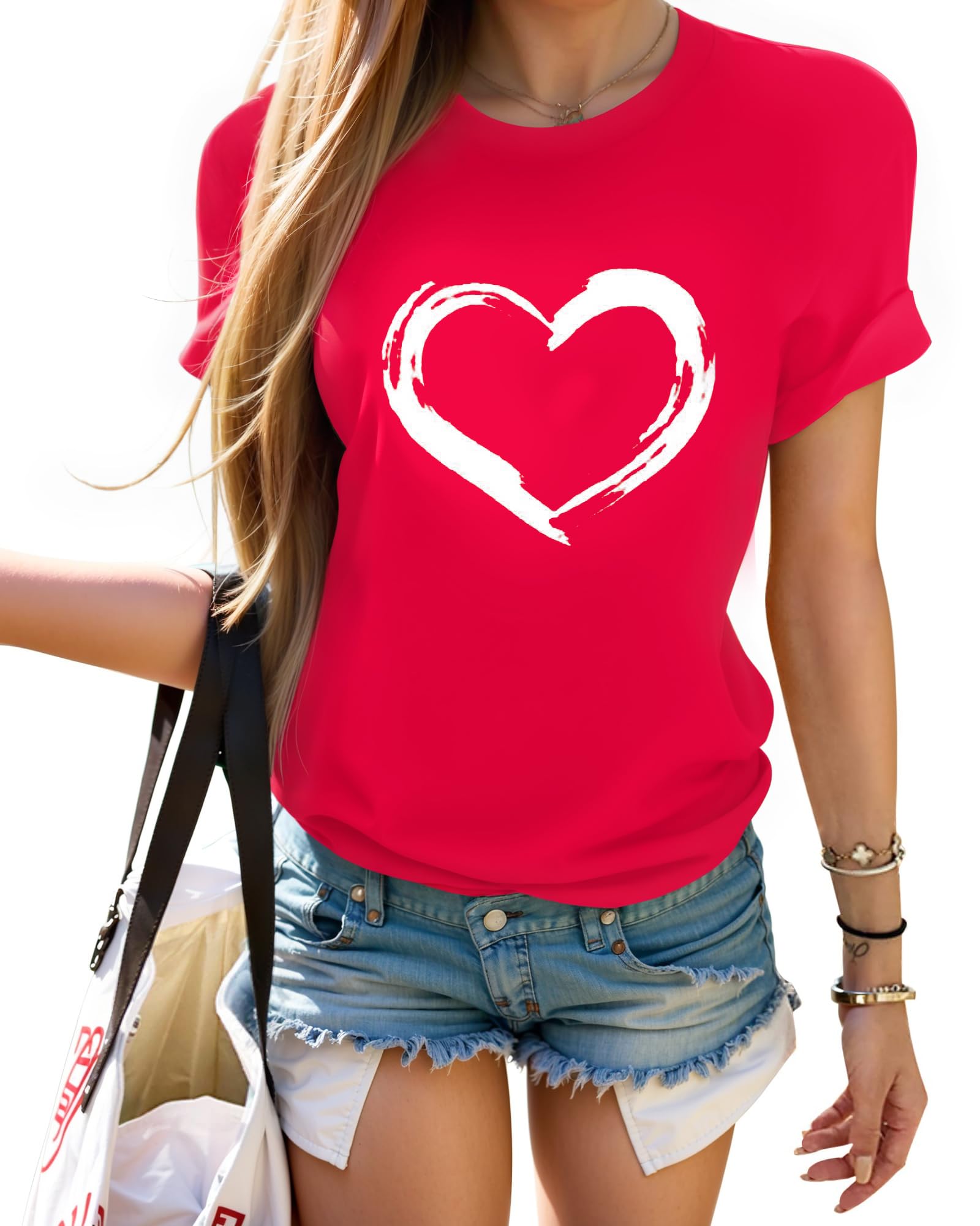 HERLOLLYCHIPS Women's Cute Heart Graphic Crewneck Short Sleeve T-Shirt - Regular Fit Casual Top for Summer Outfits, Date Nights & Weekend Wear