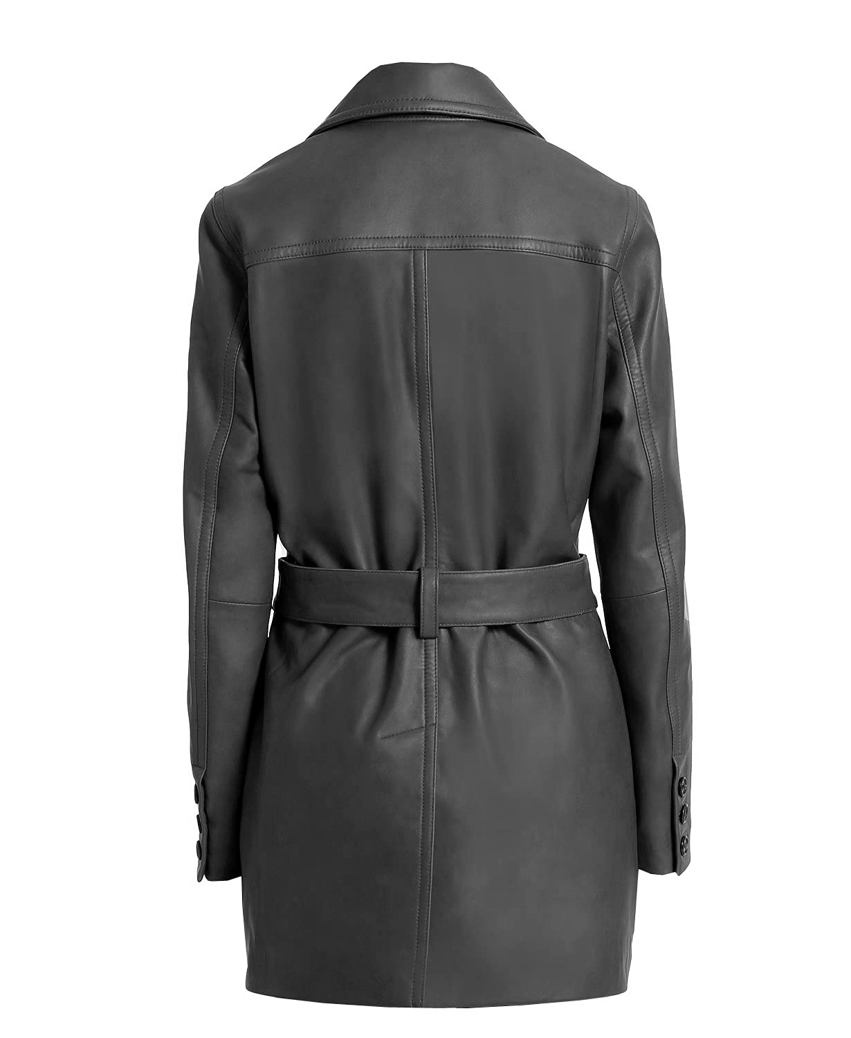 TIPTOP Women's Genuine Leather Double Breasted Trench Coat with Long Waist Belt - Black & Brown (TTCW-90058-L, Large) | Elegant Outerwear for Office, Dating & Special Occasions