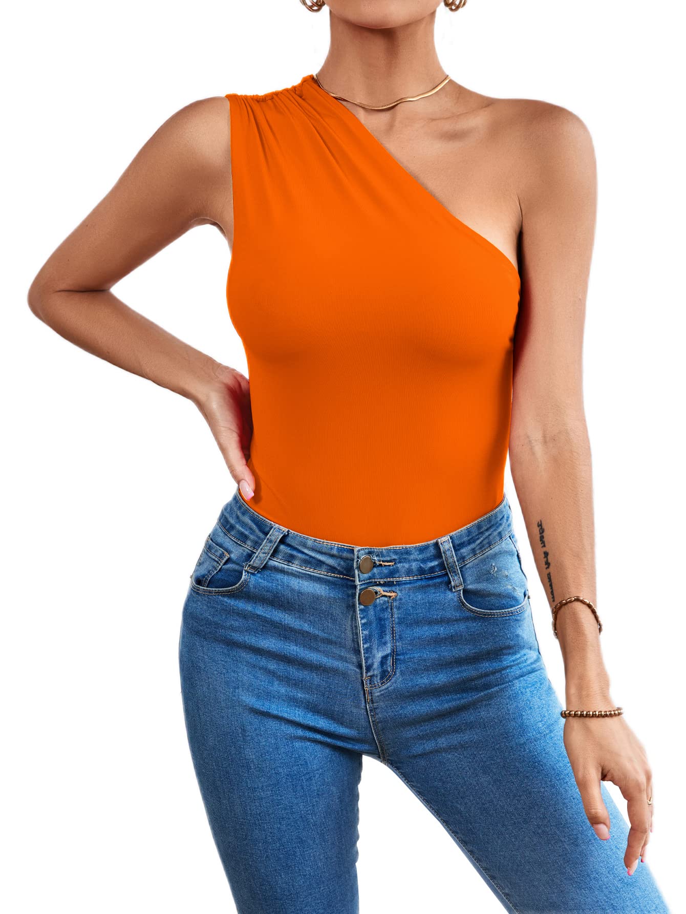 LYANER Women's Sexy One Shoulder Ruched Sleeveless Slim Fit Bodysuit Leotard Top - Perfect for Dance, Yoga, Workout & Night Out
