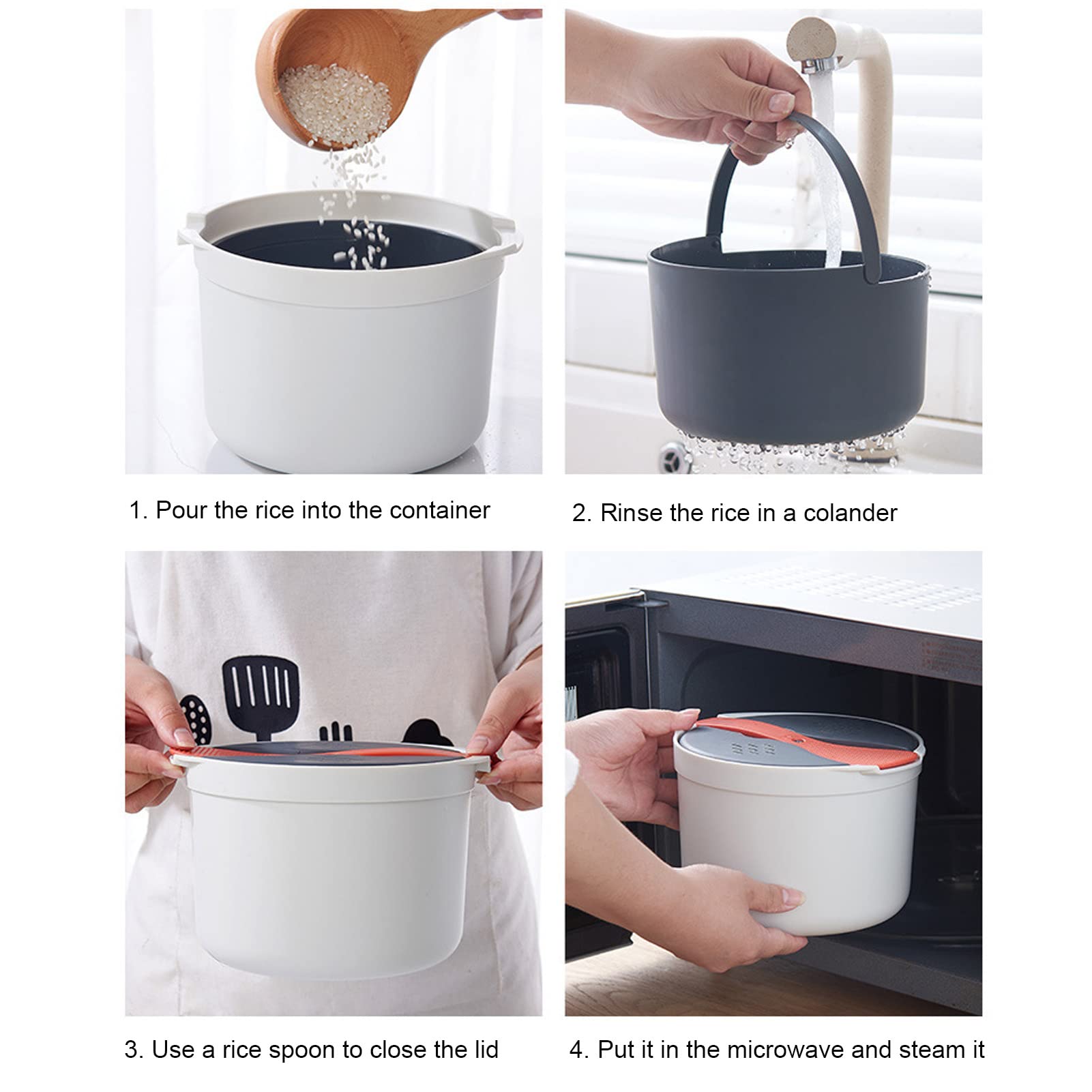 2L Microwave Rice Cooker & Pasta Cooker - BPA-Free Food Grade PP Material with Rice Spoon, Lid, Strainer & Steaming Pot - Perfect for Dorm, Office & Small Kitchen (Orange)