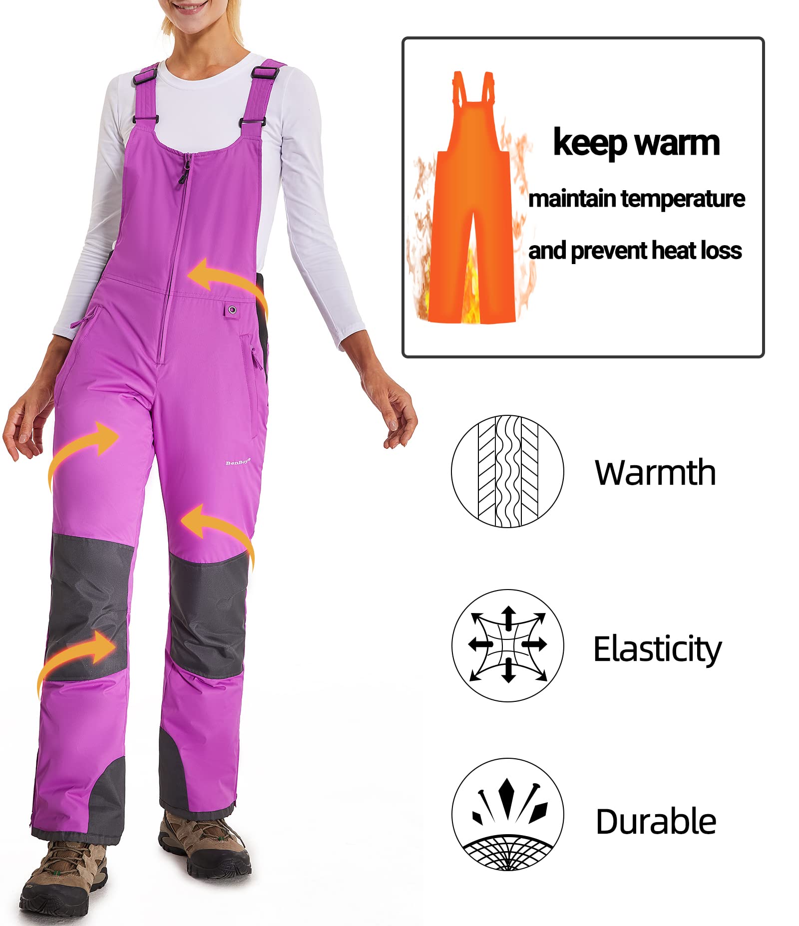 BenBoy Women's Waterproof Insulated Snow Bibs - Windproof Ripstop Ski Overalls & Snowboard Pants for Winter Sports (Hiking, Skiing, Snowboarding, Sledding)