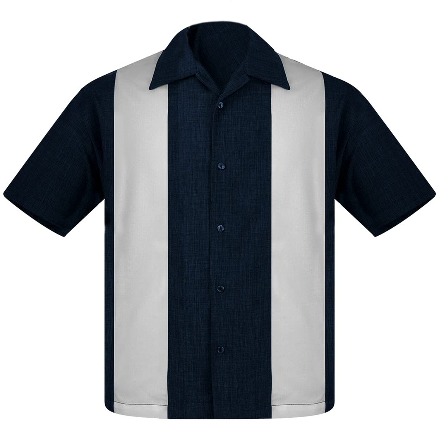 Steady Clothing Men's Pop-Check Double Panel Bowling Shirt - Navy & White Retro Style Casual Shirt for Bowling, Parties & Vintage Fashion