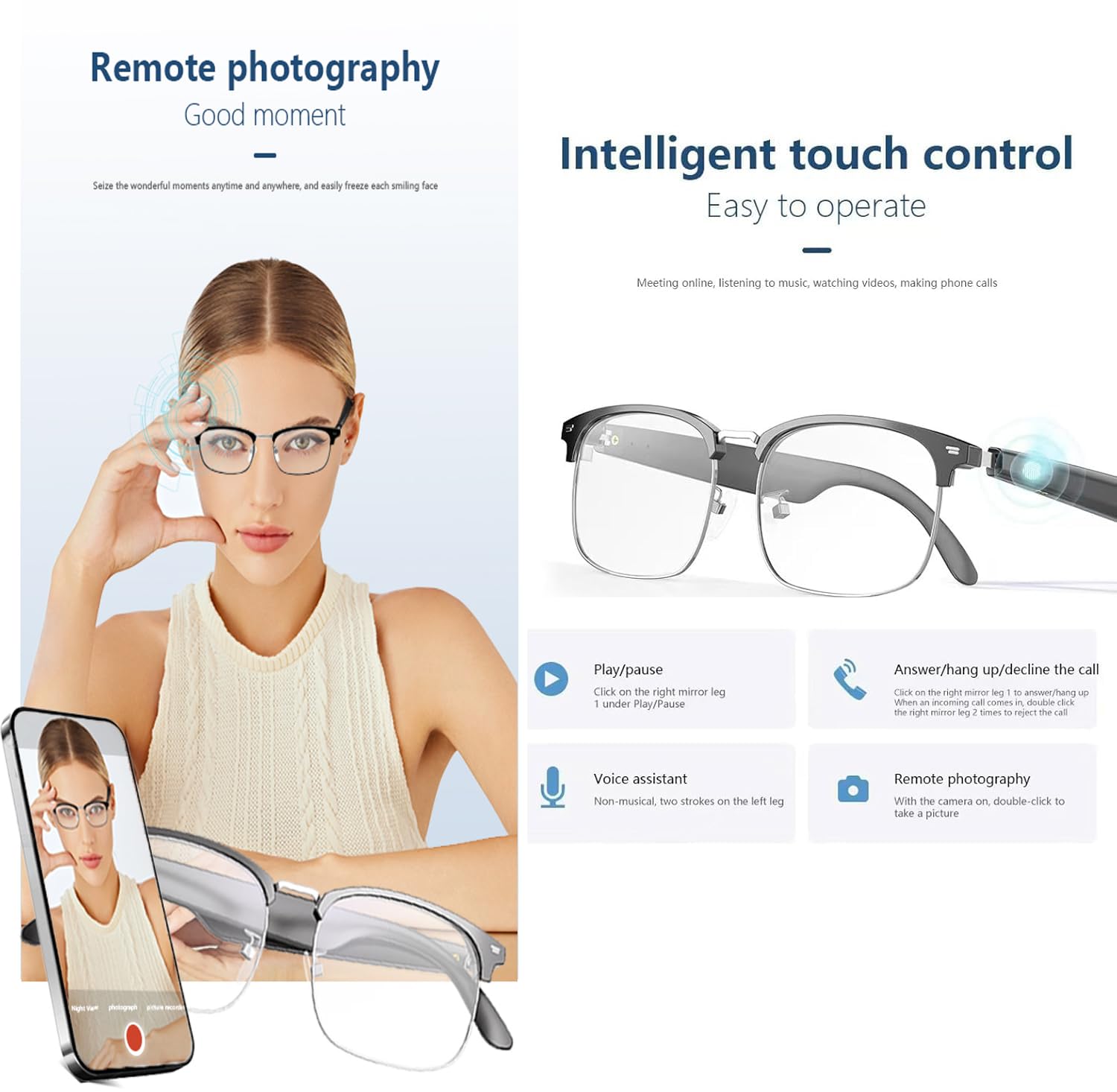 AI Translation Glasses - Real-Time 144+ Language Translator | Touch Control & Voice Assistant | Anti-Blue Light Smart Glasses | Perfect for Business Meetings, International Travel & Study Abroad | Wireless Music & Hands-Free Calling (Black)