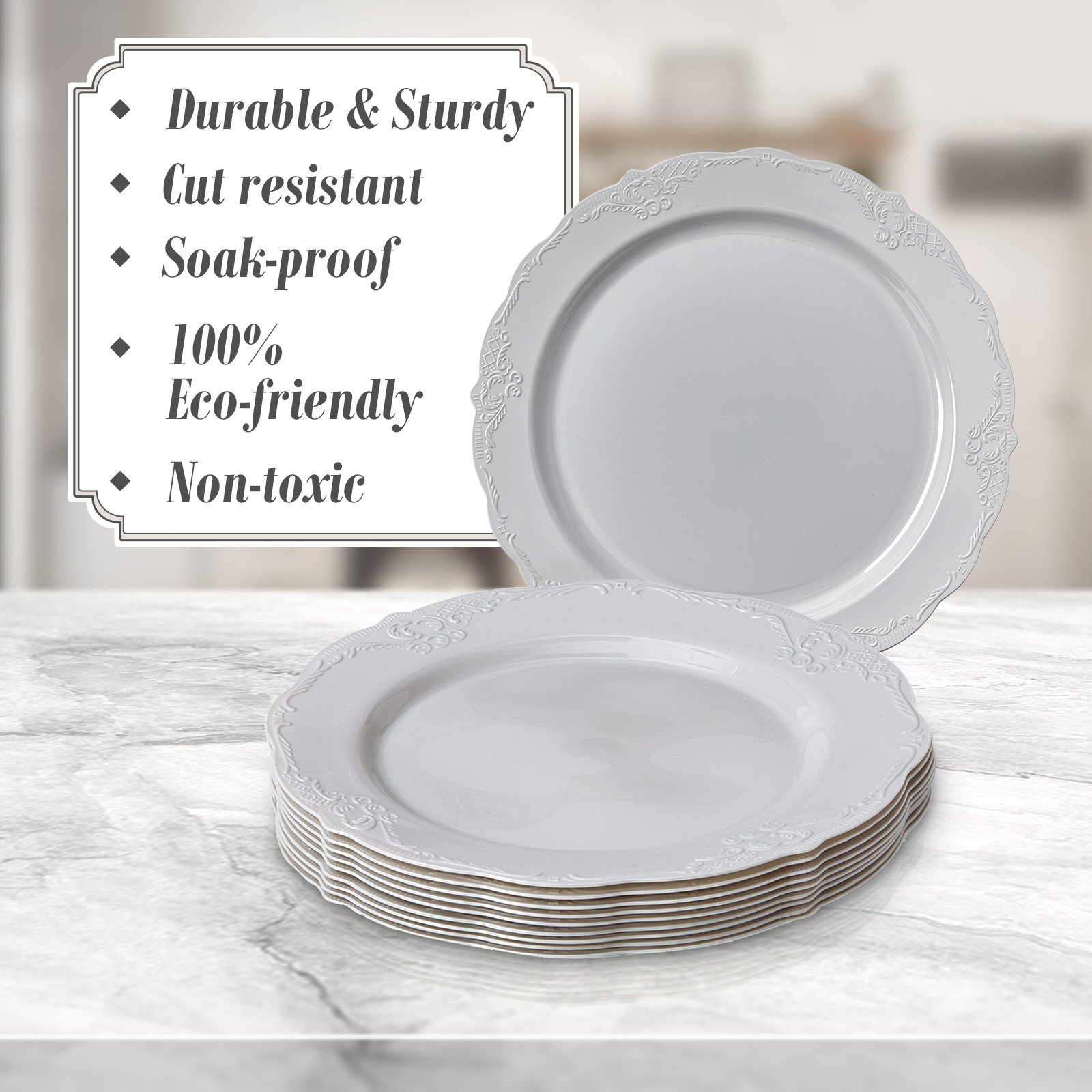 Vintage Silver Spoons Disposable Dinnerware Set - 20-Piece Grey Salad Plates for Parties, Picnics & Elegant Gatherings | Eco-Friendly Disposable Tableware