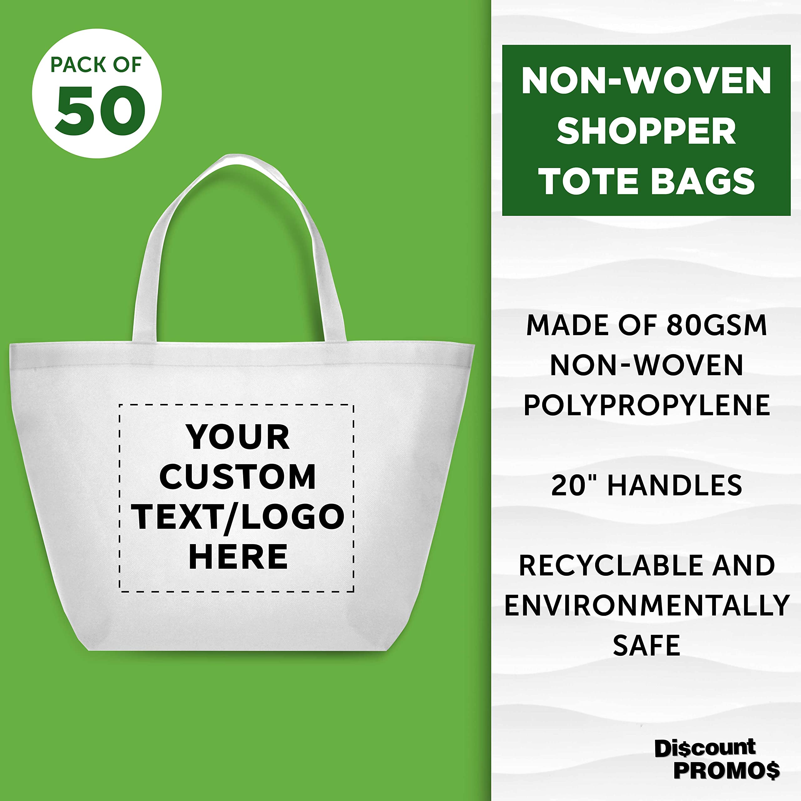 **Custom Southern Style Grocery Tote Bags - Bulk Pack of 50 Reusable Shopping Bags - Personalized Promotional Totes for Business, Travel & Carry-On - White 20