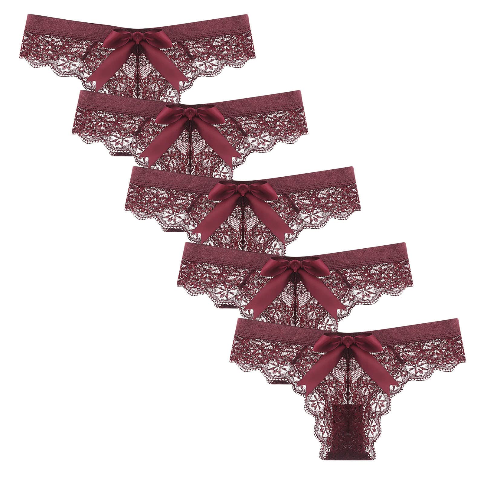 5-Pack Women's Sexy Lace Thong Panties - Breathable T-Back G-String Underwear with Bow Detail, Low Rise & Sheer Design | Perfect for Date Night, Bridal Lingerie & Sensual Wear