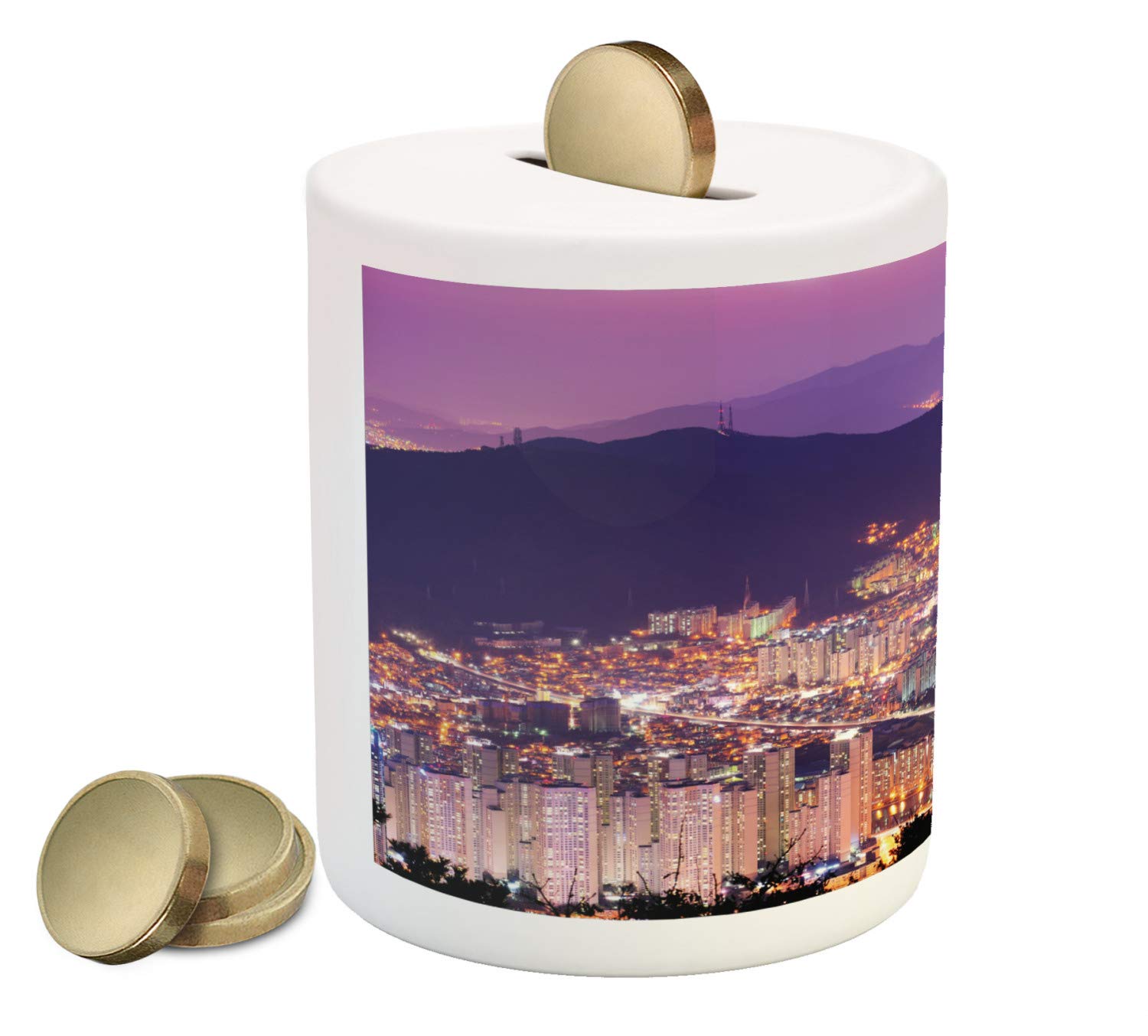 Ambesonne Ceramic Piggy Bank - Busan Skyline Night View, Modern Cityscape & Hills Design, Purple Violet Money Box for Cash Savings | Perfect for Home Decor, Office Gifts & Kids' Savings (South Korea Theme)