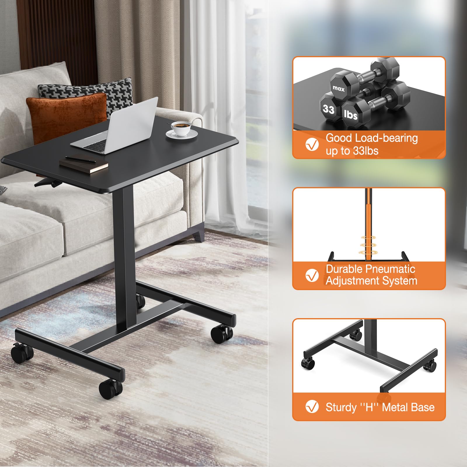 Adjustable Height Rolling Standing Desk - Mobile Overbed Table & Teacher Podium with Wheels, Portable Laptop Computer Cart for Home Office, Classroom, Dorm - Perfect for Remote Work, Online Teaching & Hospital Use